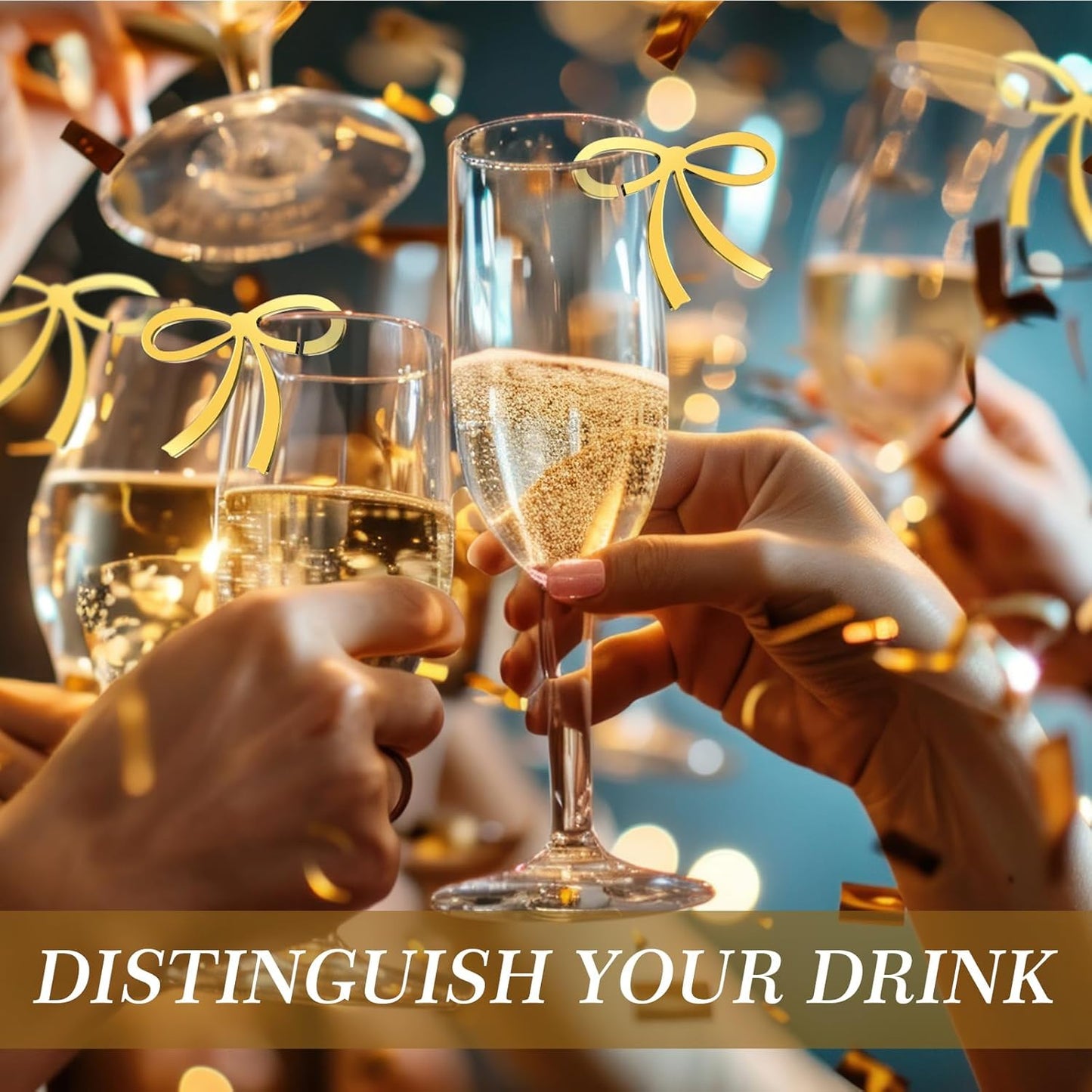 50 Pcs Bows Drink Tags Coquette Bow Wine Glass Charms Acrylic Bowknot Drink Tag for Bachelorette Birthday Wedding Coquette Tasting Party Decor Accessory(Gold)