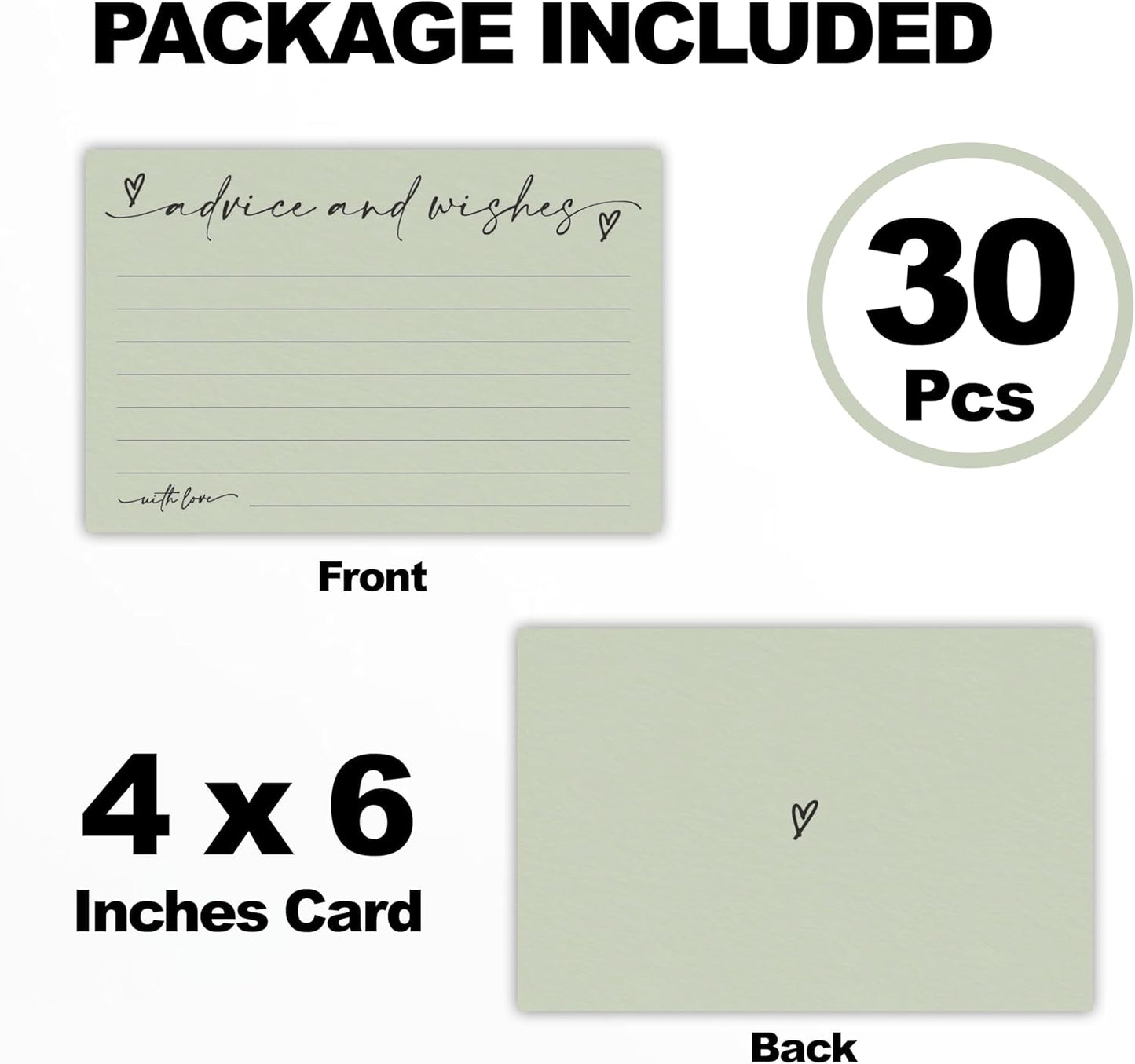 30 Advice & Wishes Cards - moss green - Double Sided Fill-In Advice Cards For Bridal, Wedding, Graduate Party, Mr & Mrs, Retirement, Baby Shower, Party Favor & Supplies - B01