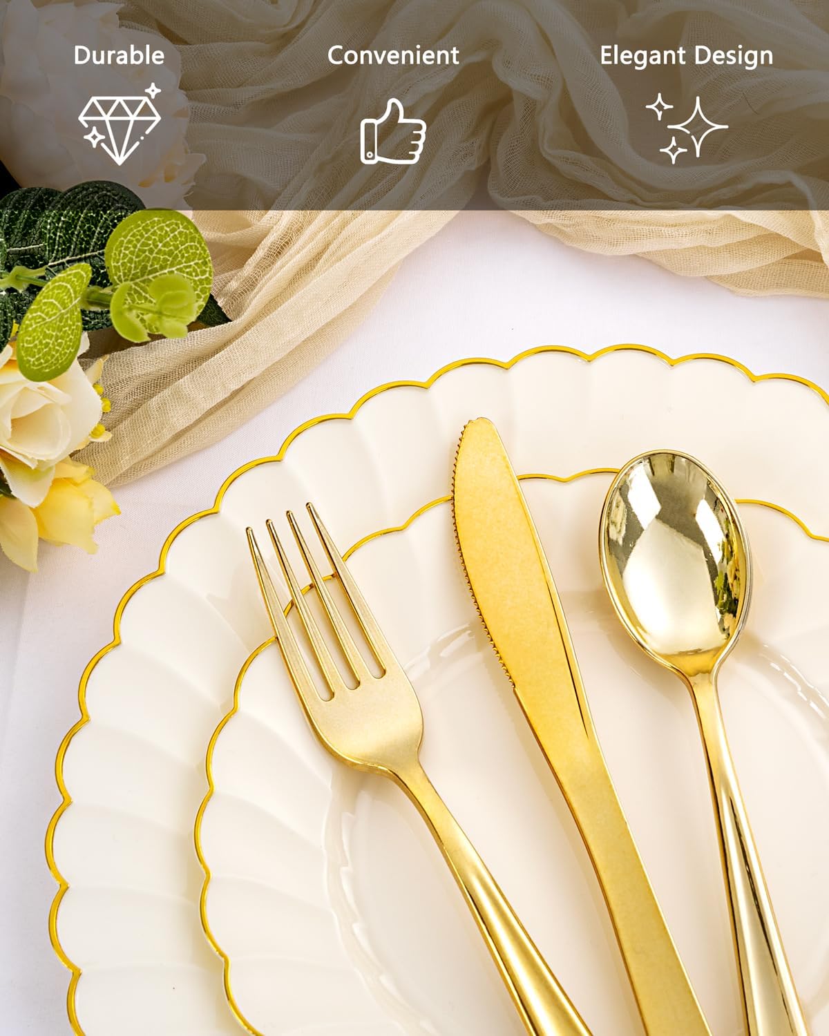 YOUBET 350PCS Ivory Scalloped Plastic Plates - Ivory and Gold Disposable Dinnerware Set Include 100 Plates, 150 Gold Silverware, 50 Cups, 50 Napkins for Wedding & Party & Thanksgiving
