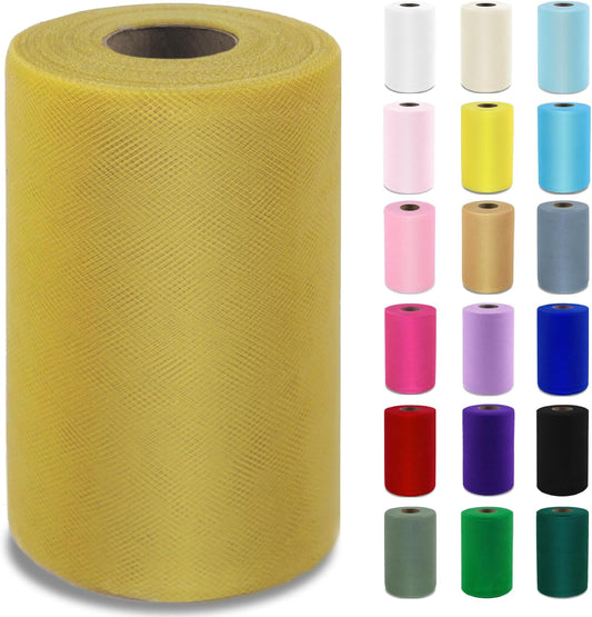 Amber Gold Tulle Fabric Roll 6”by 100 Yards (300 ft) Soft Tulle Spool for DIY Crafting Favor Supplies, Tutus, Wedding, Party Decorations, Gift Wrapping