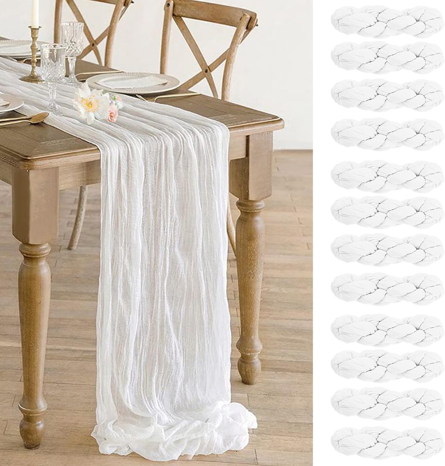 12 Pack White Cheesecloth Table Runner 10ft Gauze Runner Boho Ivory Cheese Cloth Table Runner for Wedding Bridal Shower Baby Shower Boho Table Decoration