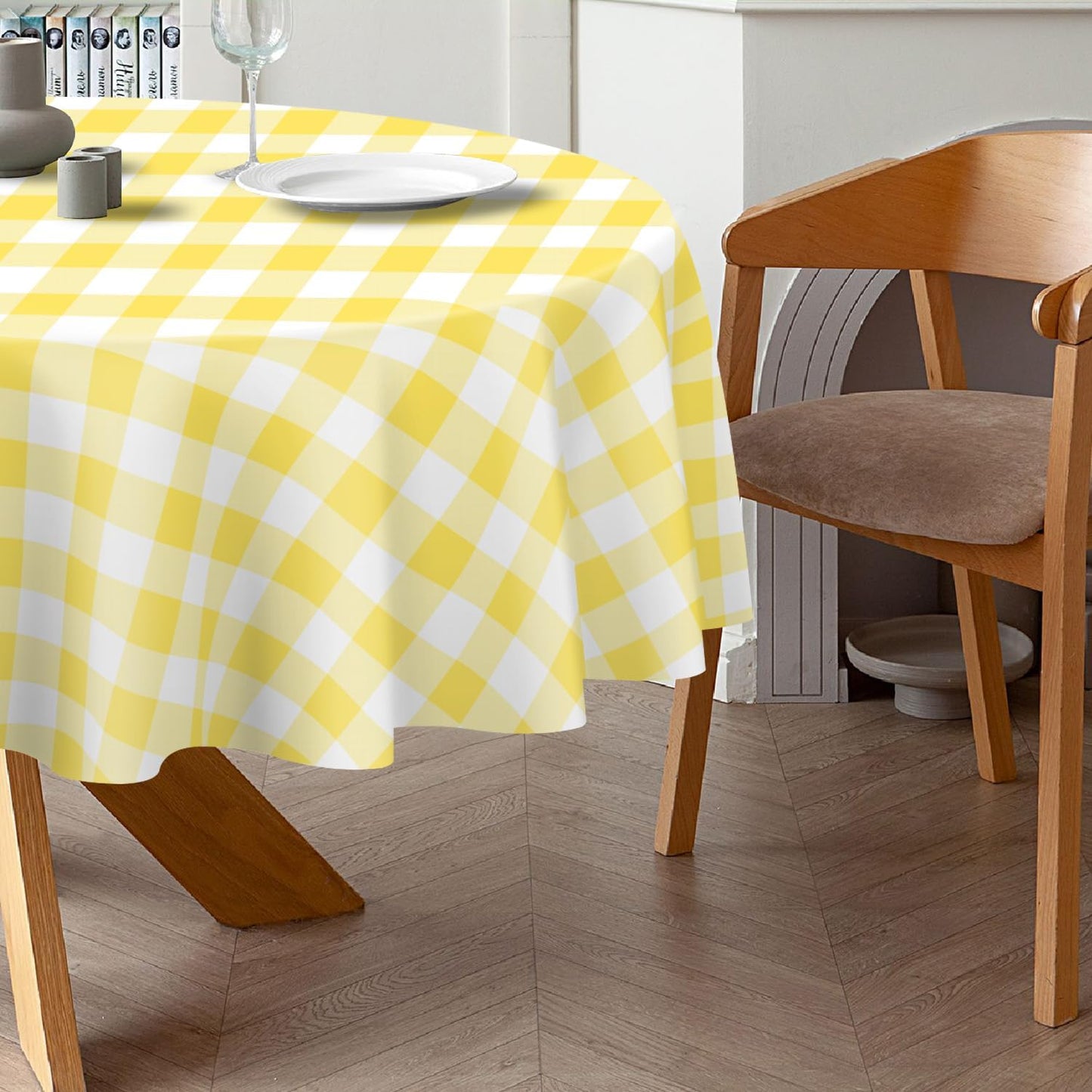 QIKSION Yellow Gingham Round Tablecloth 12 Pack, 84 Inch Plastic Checkered Table Cover Disposable for Parties