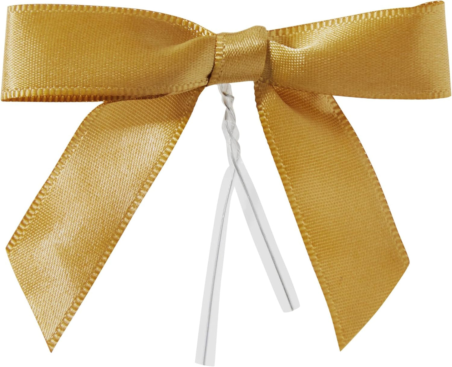 Juvale Satin Twist Tie Bows - Gold Twist Tie Bow Accents - Mini Ribbons for Crafts & Treat Bag Decor - 100 Pack, 3 x 2.5 in, 5.7 in Bands