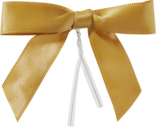 Juvale Satin Twist Tie Bows - Gold Twist Tie Bow Accents - Mini Ribbons for Crafts & Treat Bag Decor - 100 Pack, 3 x 2.5 in, 5.7 in Bands