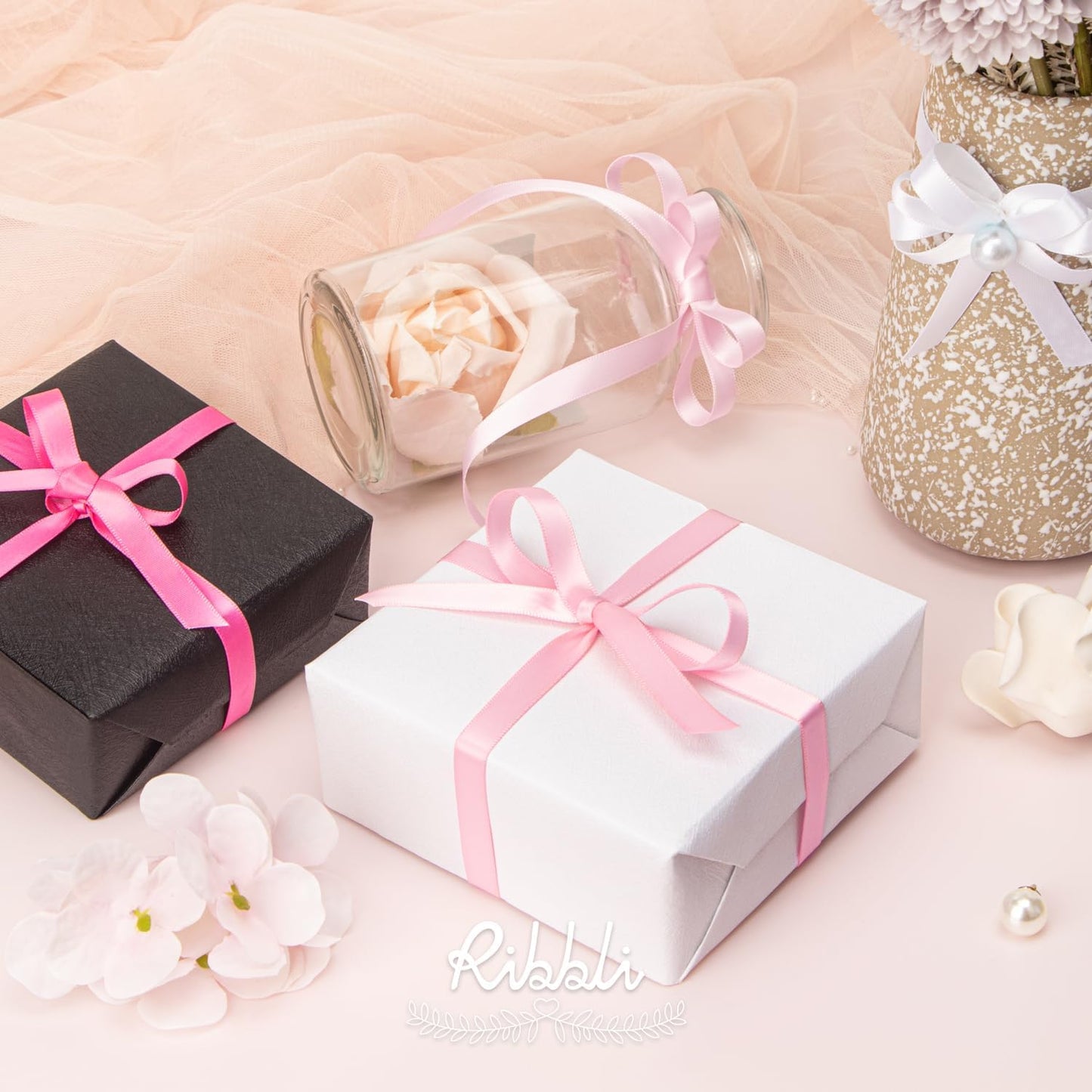 Ribbli Pink Satin Ribbon 3/8 Inch x 4 Rolls Total 40 Yards- White Pink Ribbon for Gift Wrapping Craft Wedding Decoration