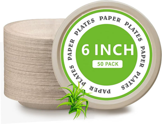 Disposable Paper Plates, 6 inch Heavy Duty Paper Plate, Soak and Cut Proof, Natural Biodegradable Bagasse Plates for Microwave, Dinner, Party, Picnic,50 Pack