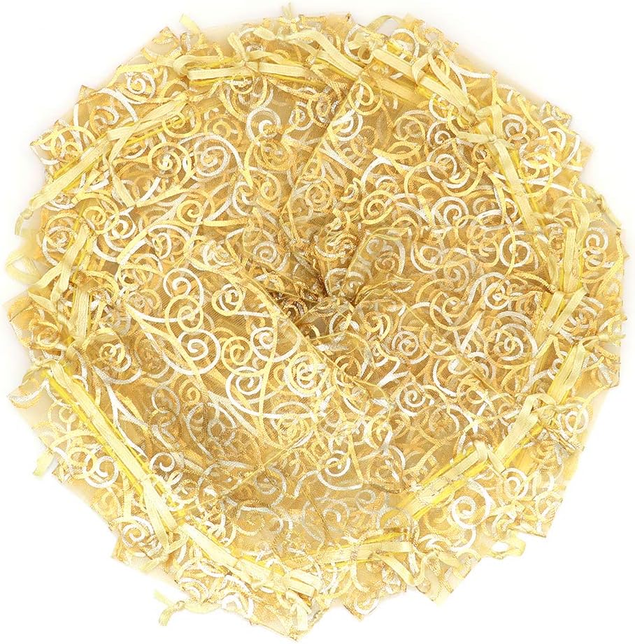Staruby Organza Gift Bag 100Pcs Gold Sheer Organza Bag Mesh Favor Bags Drawstring Jewelry Rattan Printed Gift Pouches for Wedding Party Favors Couple Shower Christmas Gifts Candy Bags (3x4 Inches)