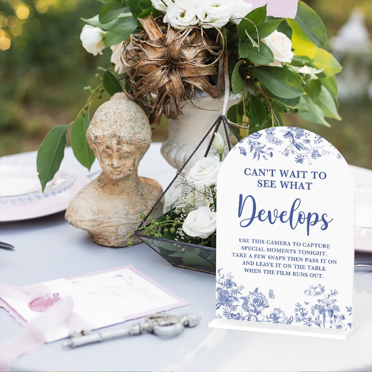 Acrylic Wedding Signs, Dusty Blue Wedding Decor, Blue Weddings Decor, Modern Calligraphy Arch Acrylic Table Top Sign for Weddings Parties Dinners - Can't Wait to See What Develops (White)