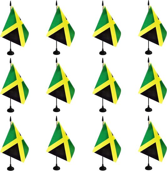 Jamaica Desk Flag, 12 Pack Jamaican Table Office Flags with Black Solid Pole and Stand Base, International Country Flag, Festival Celebration, Classroom Meeting Desktop Decor (Jamaica)