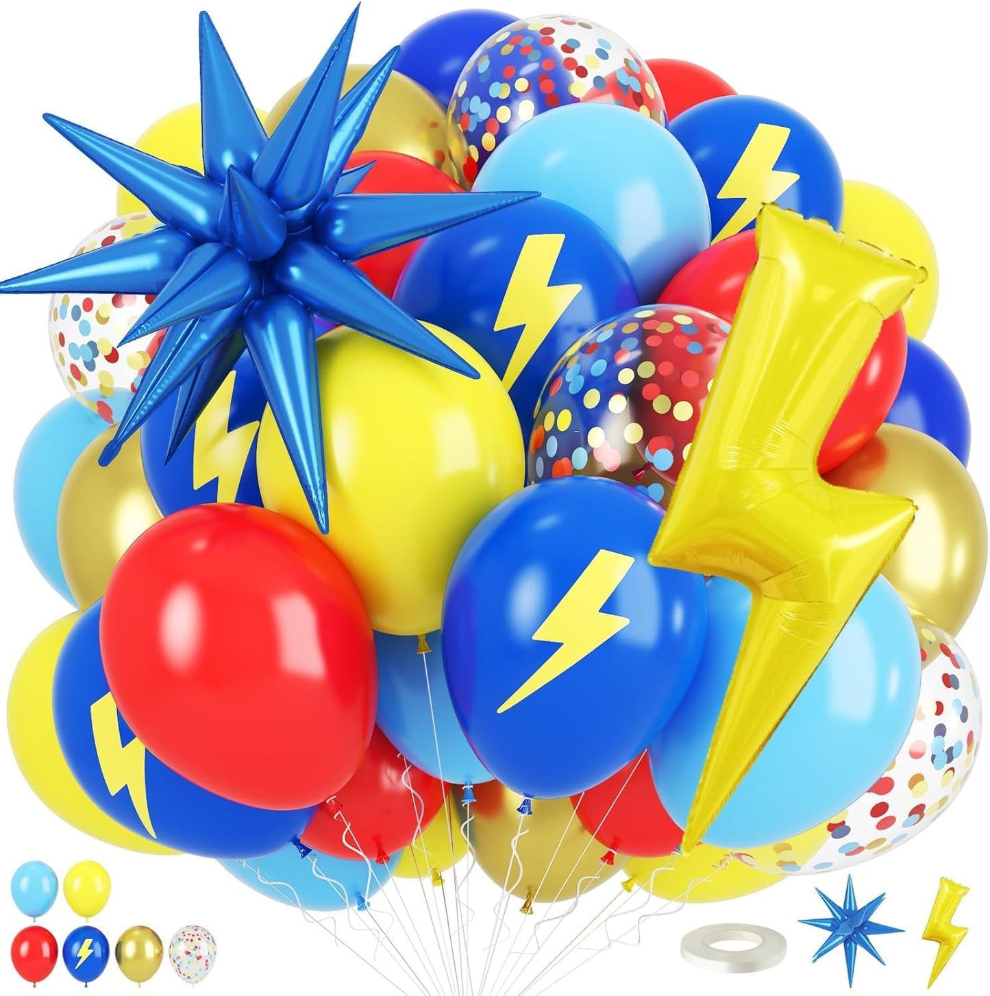 Red Yellow Blue Balloons,Cartoon Theme Balloons with 36 Inch Lightning and 22 Inch Star Foil Balloon, Red Blue Yellow Confetti Lightning Printed Balloon for Kids Boys Anime Party Carnival Circus Decor
