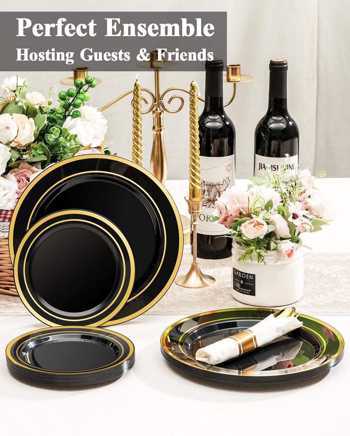 200PCS Black Plastic Plates Set with Gold Rim, 100 10.25 inch Dinner Plates and 100 7.5 inch Dessert Plates, Premium Disposable Plates forfor Party, Wedding, Holiday,And Halloween