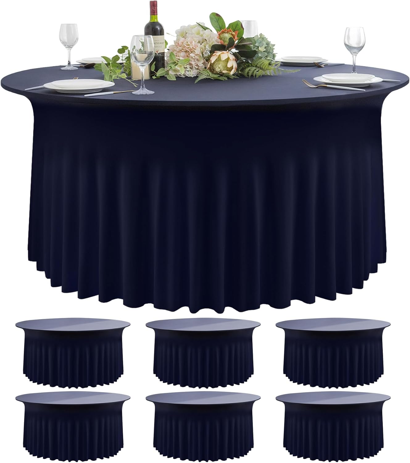 6 Pack Navy Blue Round Spandex Tablecloth 60 Inch, Wrinkle Free Stretch 120 Inch Fitted 5ft Navy Table Cloths Round Table Covers with Ruffle Skirt for Graduation Party Wedding Banquet