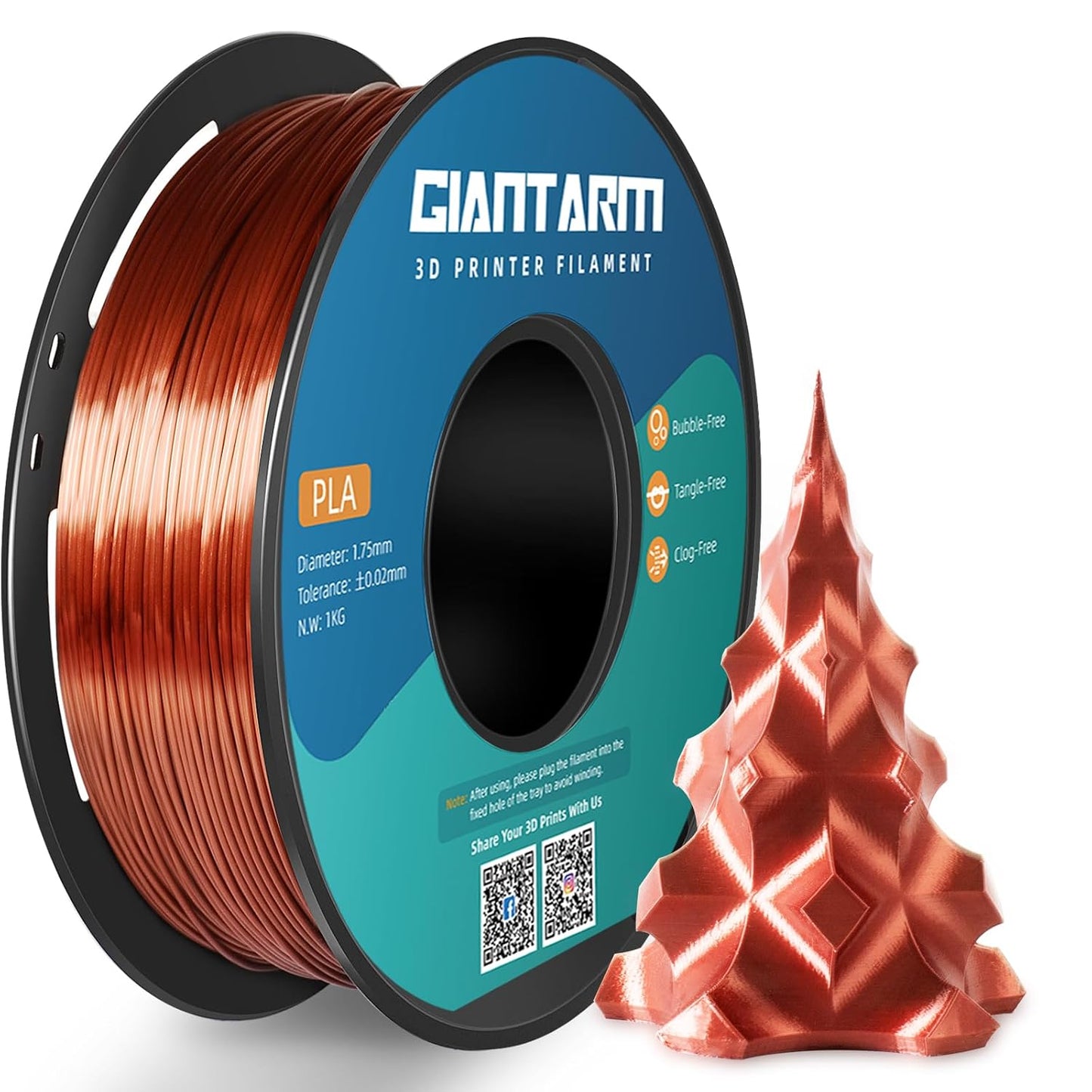 GIANTARM 3D Printer Filament, Silk Copper Pla Filament, 1Kg(2.2lbs) Spool, 1.75mm Dimension Accuracy +/- 0.03mm, 3D Printing Filament