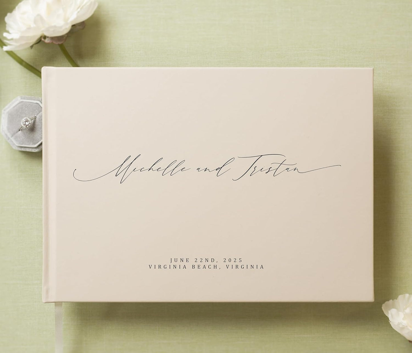 MUUJEE Personalized Guestbook in Oats- Premium Custom Modern Guest Book for Wedding Reception, Birthday Party or Events w/Bookmark Blank Pages for Signing 11.5 x 8.5 inches