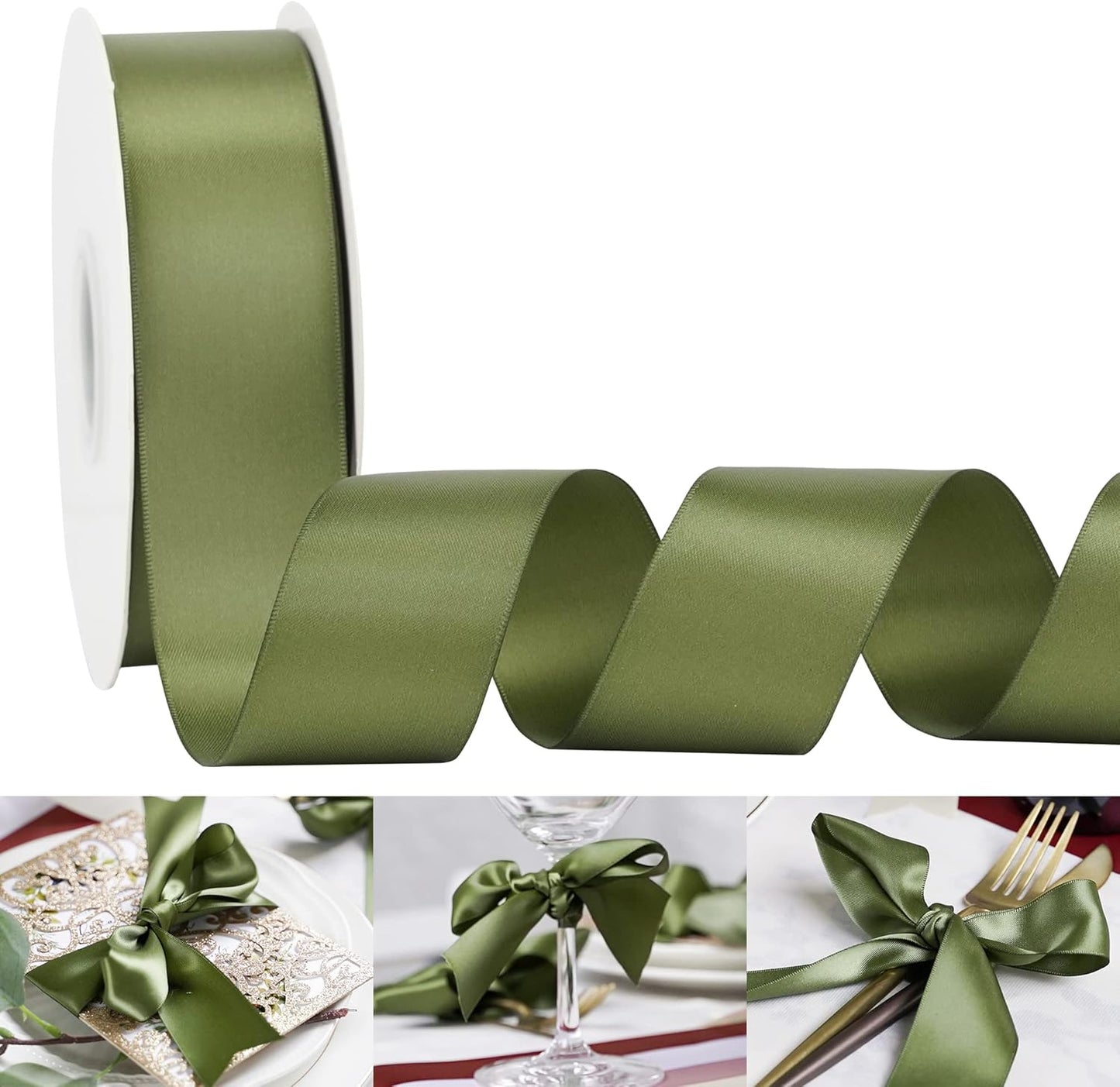 HUIHUANG 1-1/2 inch Double Face Satin Ribbon, Polyester Moss Green Ribbon 50 Yards Per Roll for Gift Wrapping Bows Making Floral Bouquet Wedding Invitations Decor Party Favor and Craft Supplies