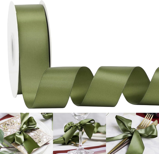 HUIHUANG 1-1/2 inch Double Face Satin Ribbon, Polyester Moss Green Ribbon 50 Yards Per Roll for Gift Wrapping Bows Making Floral Bouquet Wedding Invitations Decor Party Favor and Craft Supplies