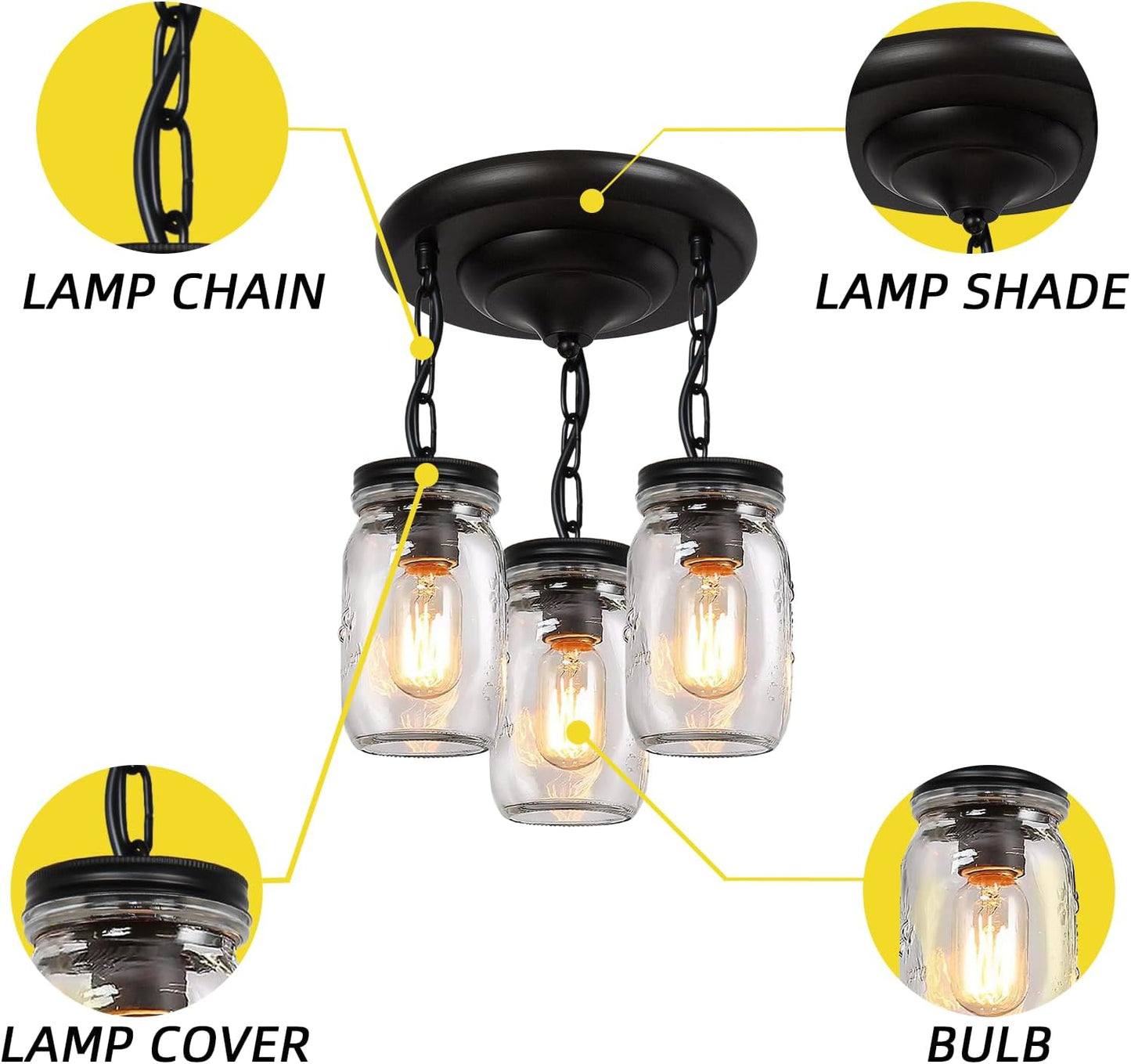 Glass Mason Jar Light Fixtures, 3-Lights Pendant Ceiling Lights Flush Mount - Black Country Farmhouse Lights for Kitchen Dining Room Foyer Stairway Hallway Entryway Porch