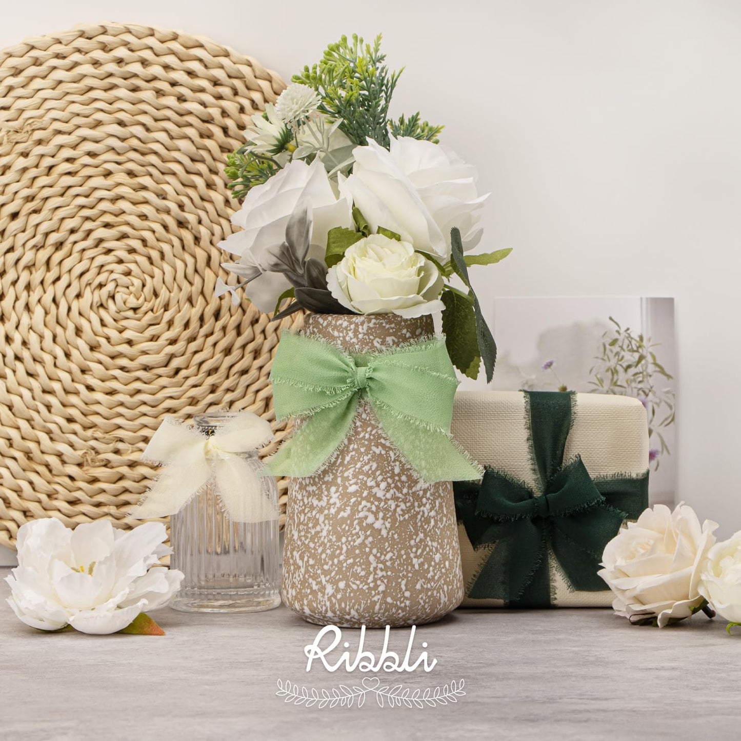 Ribbli Green Ribbon 1 Inch x 3 Rolls Total 24 Yards Ivory/Sage/Forest Green Handmade Fringe Chiffon Silk Ribbon for Wrapping Wedding Invitations Bridal Bouquets DIY Crafts Home Decor