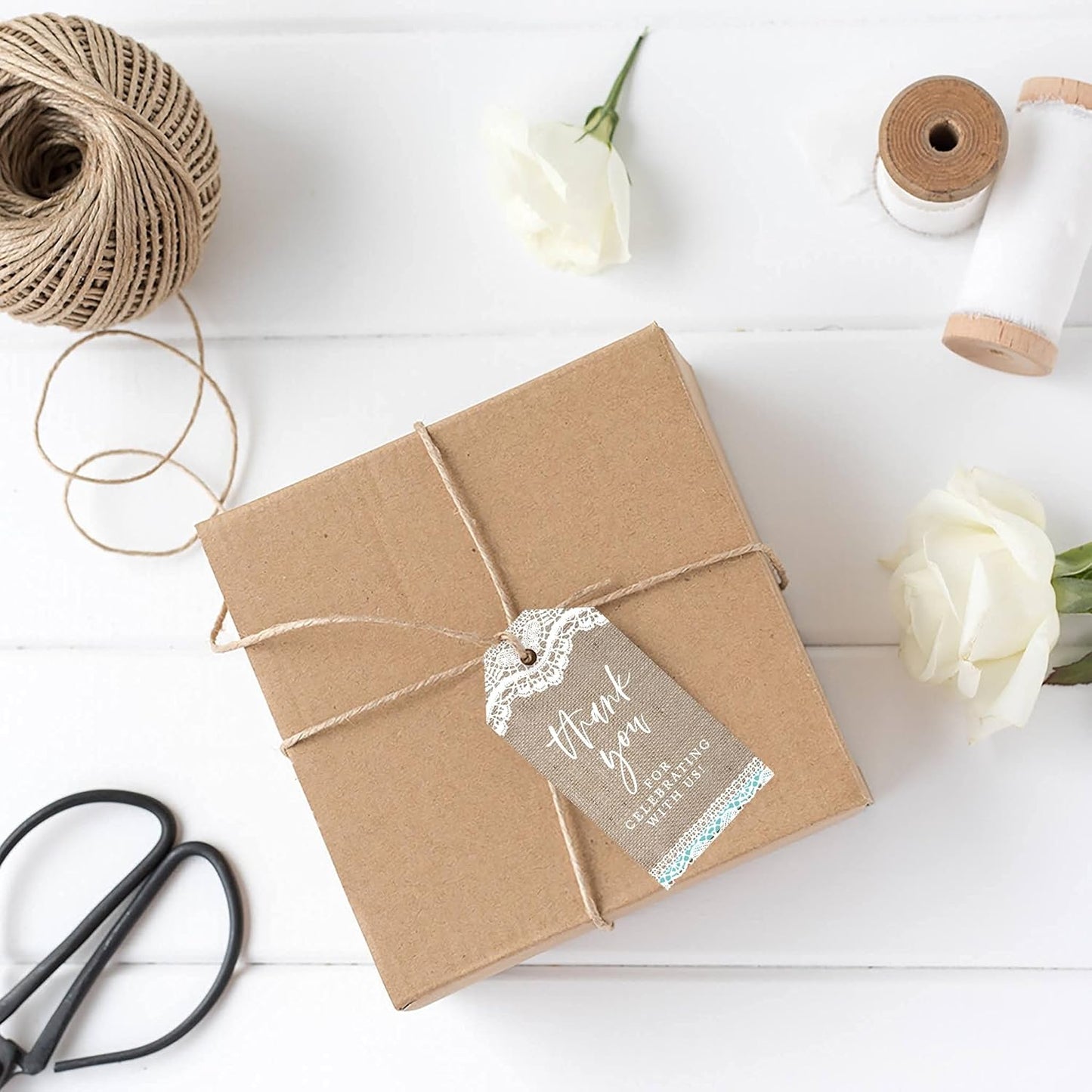 Andaz Press 100-Pack Thank You for Celebrating with Us Favor Tags Burlap Lace Cardstock Gift Tags with Bakers Twine for Wedding Baby Shower Bridal Shower Birthday Party Favors 2 x 3.75-Inches