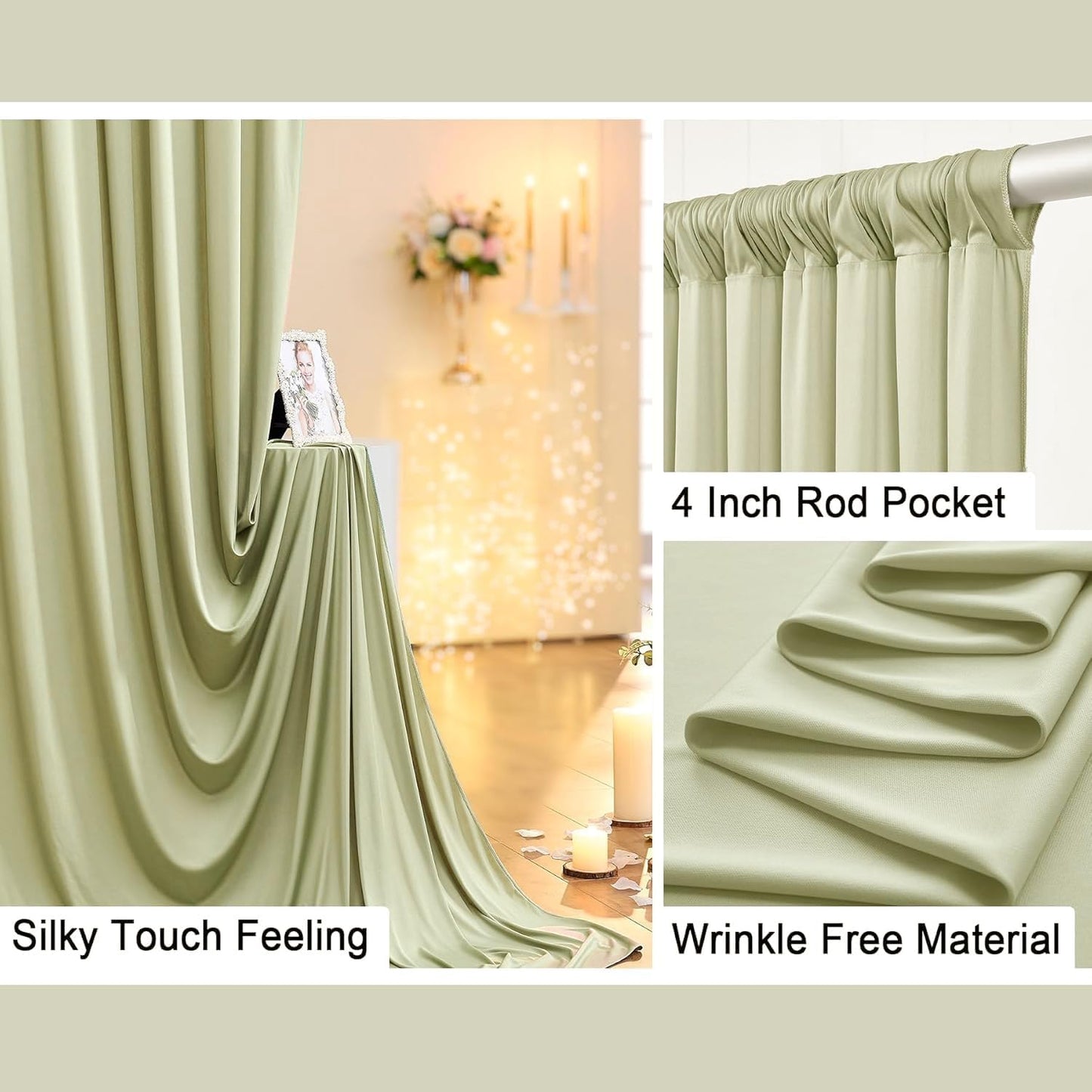 30 ft x 10 ft Wrinkle Free Sage Green Backdrop Curtain for Parties, Thick Green Polyester Photo Backdrop Drapes for Baby Shower Wedding Engagement Birthday Party Backdrop Stand,5ft x 10ft 6 Panels