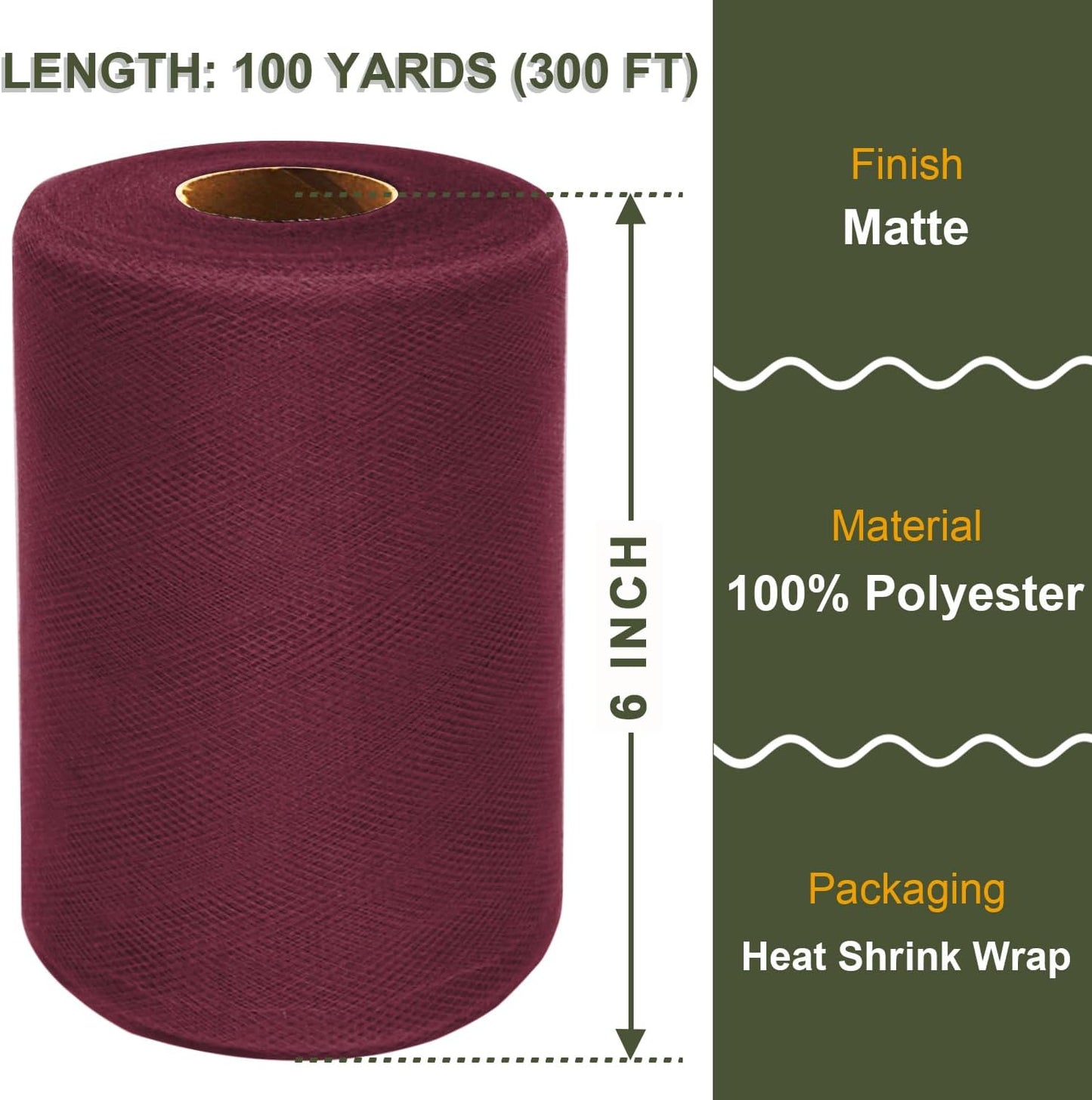 Burgundy Tulle Fabric Roll 6 Inch X 300 FT (100 Yards) Matte Tulle Ribbon Netting Mesh Spool for DIY Tutu Skirt Wedding Bow Gift Wrapping Baby Shower Christmas Party Halloween Decorations