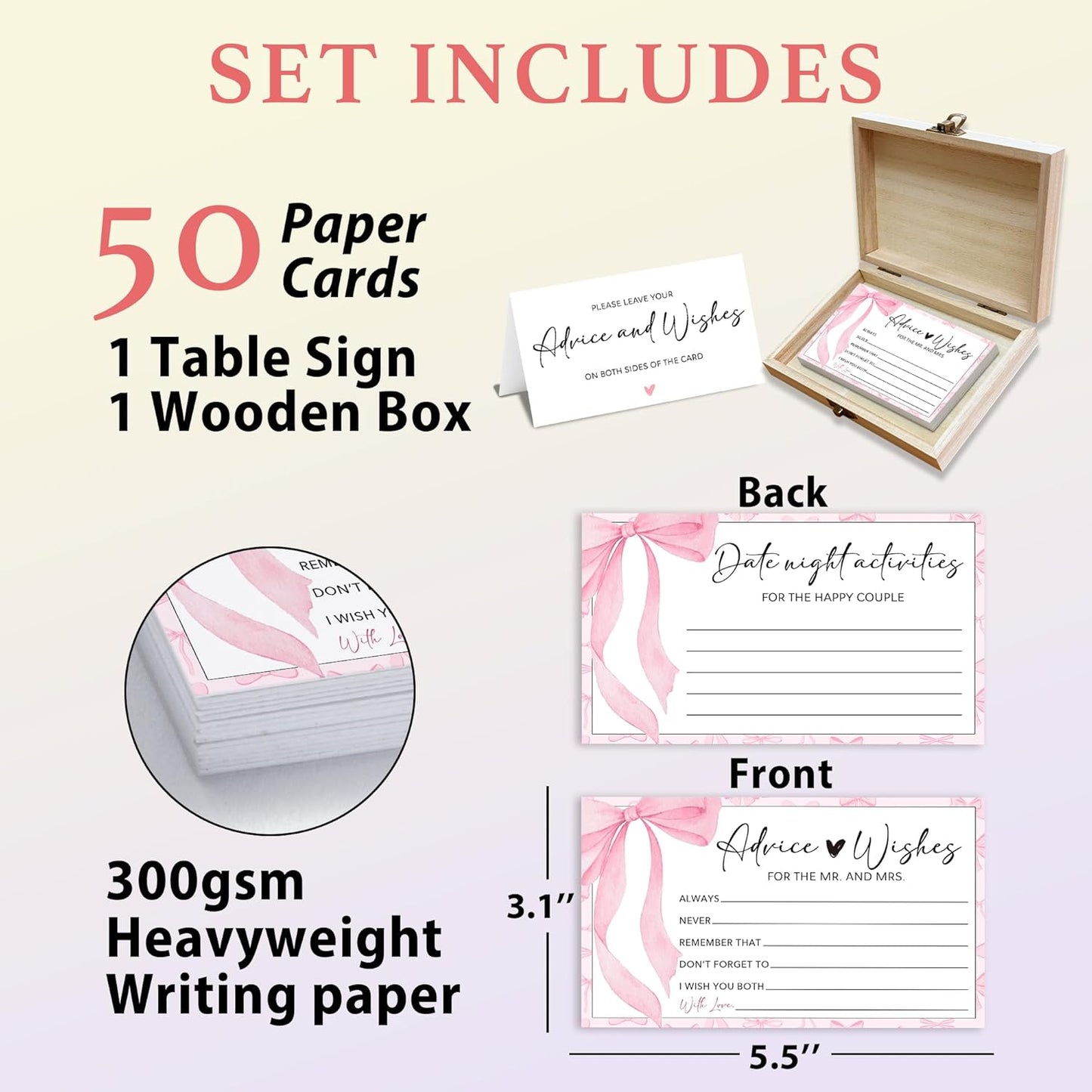Pink Bow Advice and Wishes for the Mr and Mrs - 50 Packs Wedding Advice Cards Bridal Shower Game Cards with Box Reception Guest Book for Bride Groom Newlywed Engagement Party Decoration -A06