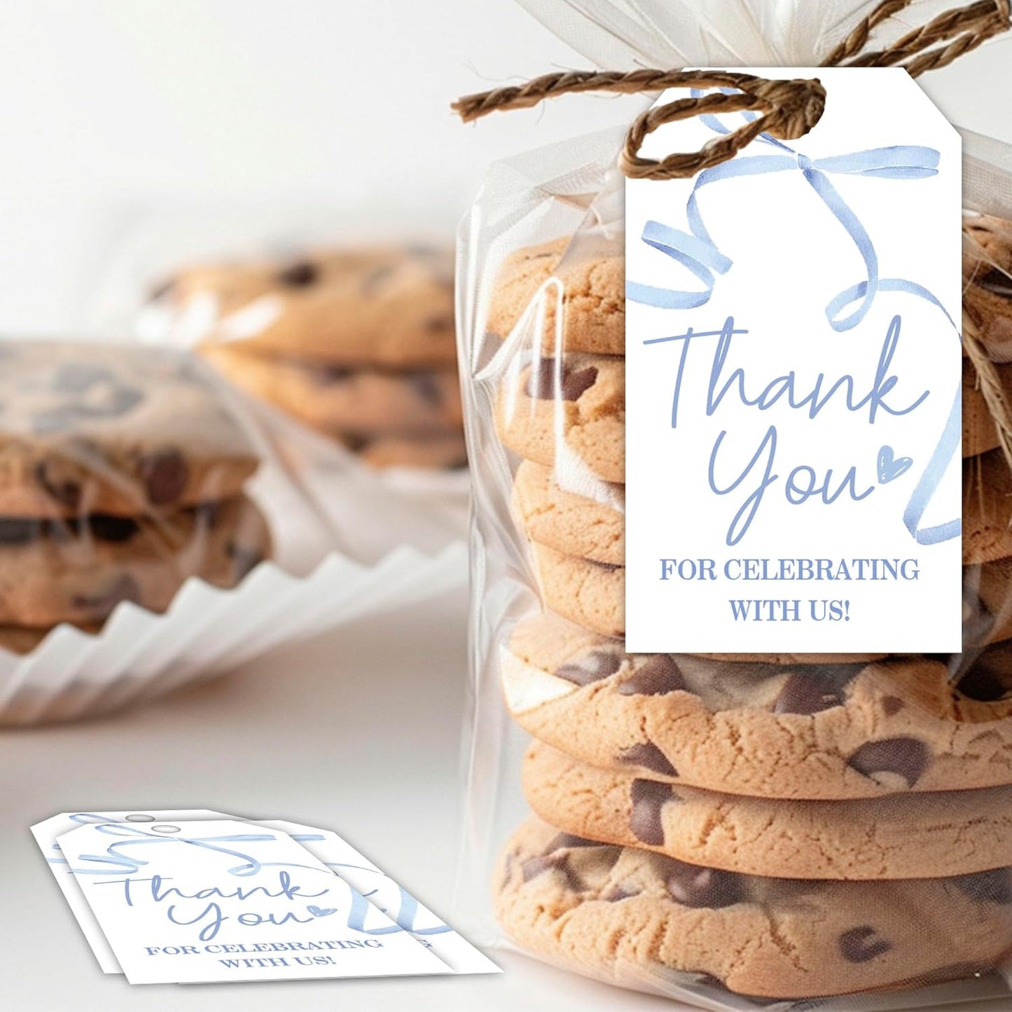 Thank You Gift Labels with String, 2x3.5 Inch Thank You for Celebrating with Us Tag, Blue Bow Print, Gift Tags for Birthday Party Baby Bridal Shower Wedding Favor-A14
