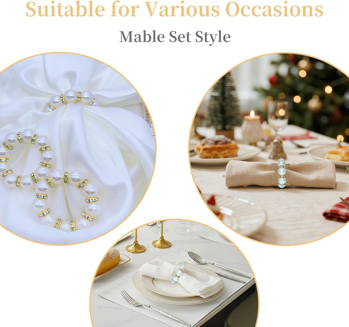 48 Pcs Gold Disposable Napkin Rings, Delicate Pearl Napkin Ring Holder, White & Golden Beaded Serviette Buckles for Formal Wedding Dinner Home Decor Party Supplies