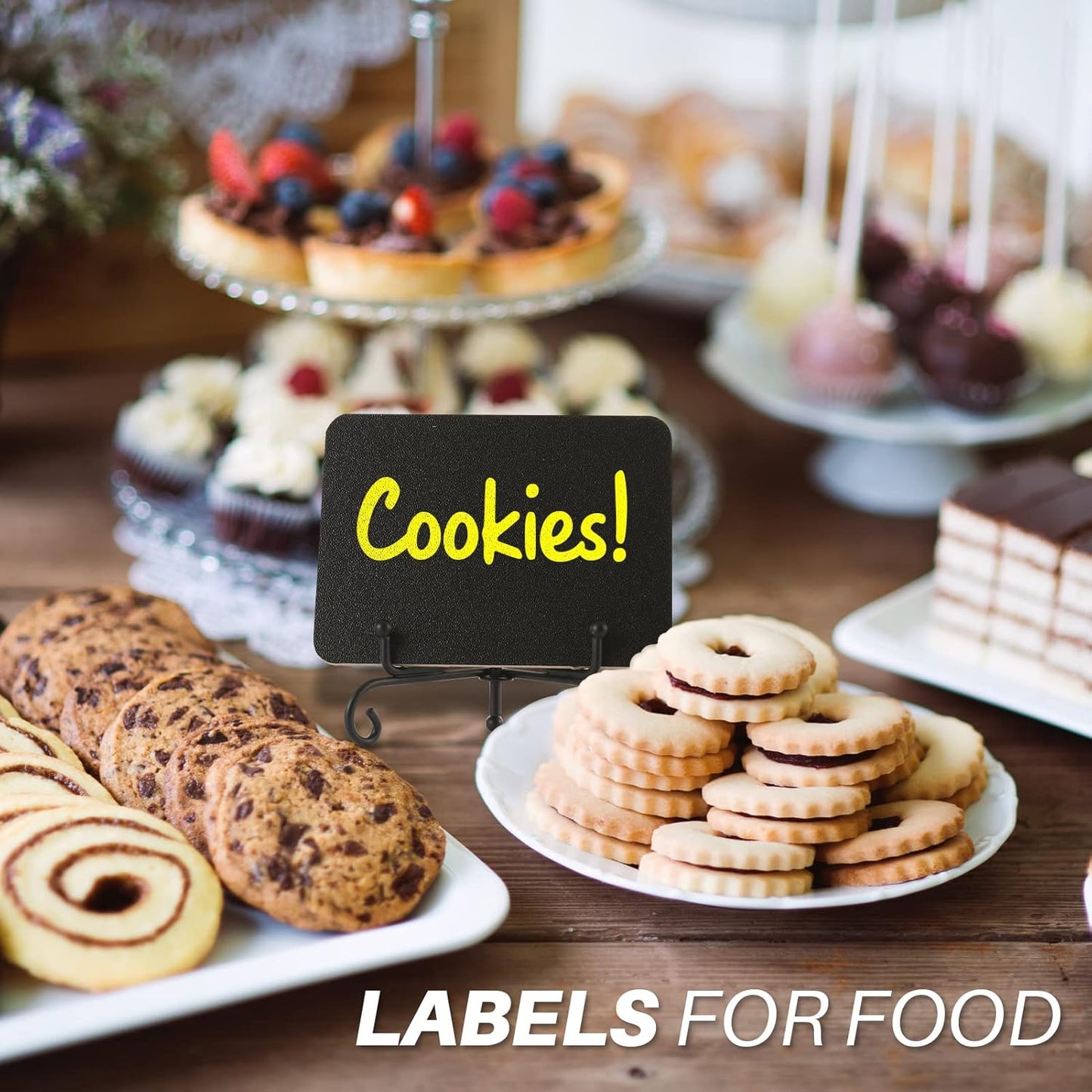 Mini Chalkboard Signs for Food Labels for Party Buffet, Small Place Cards or Name Tags with Iron Stand for Chafing Dish, Mimosa Bar Supplies, Wedding Chalk Board Sign with 2 Pens, 18 Pack Black