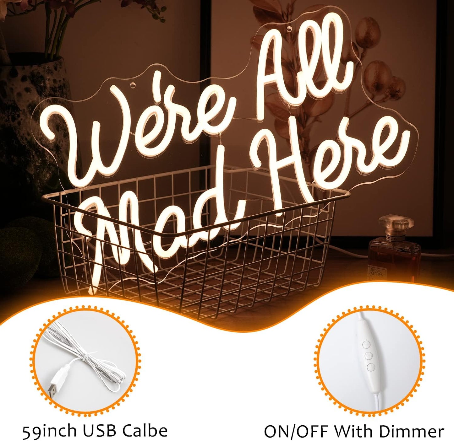 We Are All Mad Here Neon Sign Letter LED Neon Lights Dimmable USB Powered 16.5’’X9.4’’Cool Wall Decorative Light Bedroom Bar Birthday Party Decoration Gifts （Warm White）