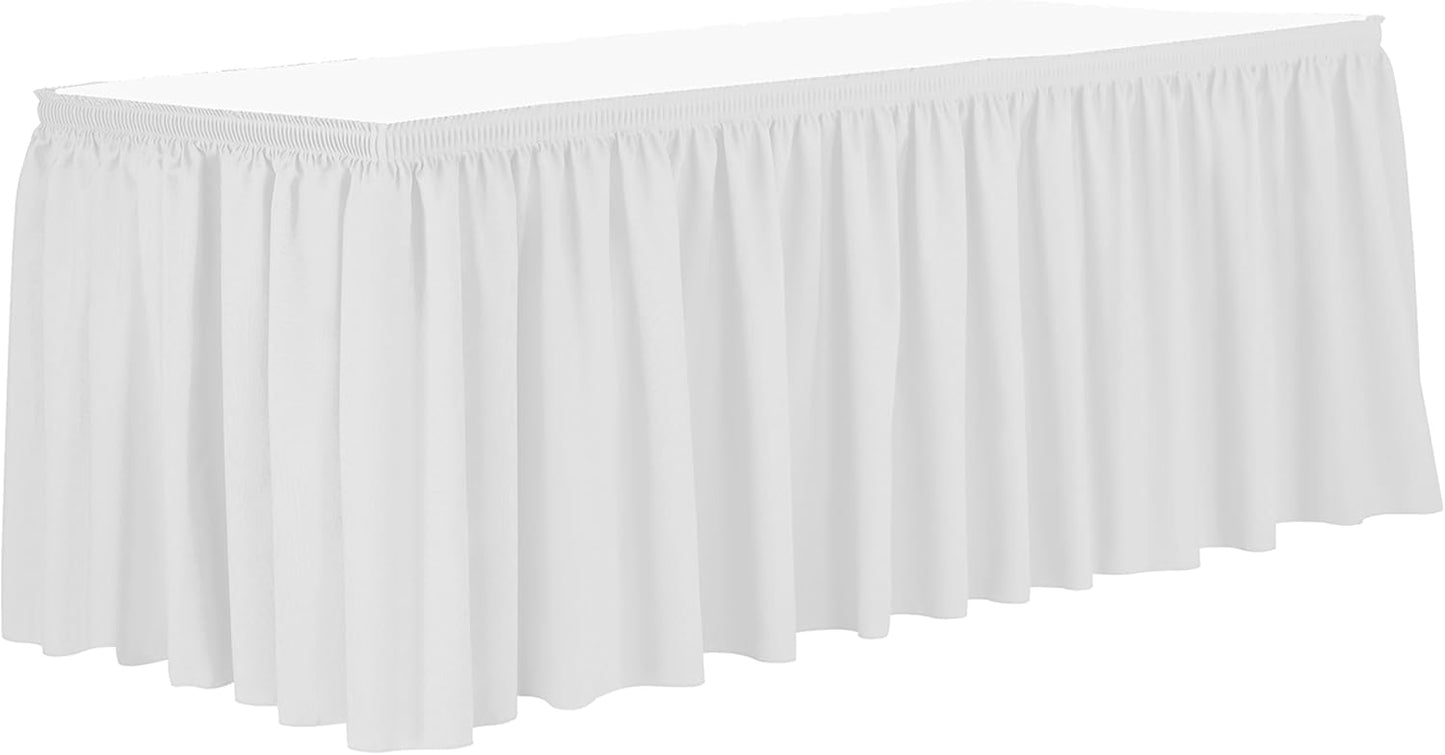 Ultimate Textile Pleat Polyester Fabric Table Skirt - Machine Washable Flame Resistant with Clips for Events, Weddings & Trade Shows, Cut & Sewn in Paterson, NJ - White, 14' Shirred Pleat