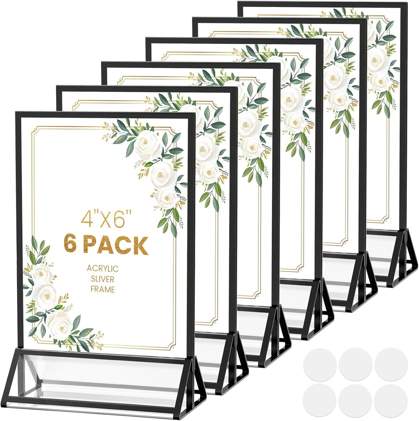 Acrylic Sign Holder 4X6 Black Picture Frame Double-Sided Acrylic Frames for Wedding Table Numbers Photo Frames Flyers Menu with Removable Sticky Dots-6 Pack