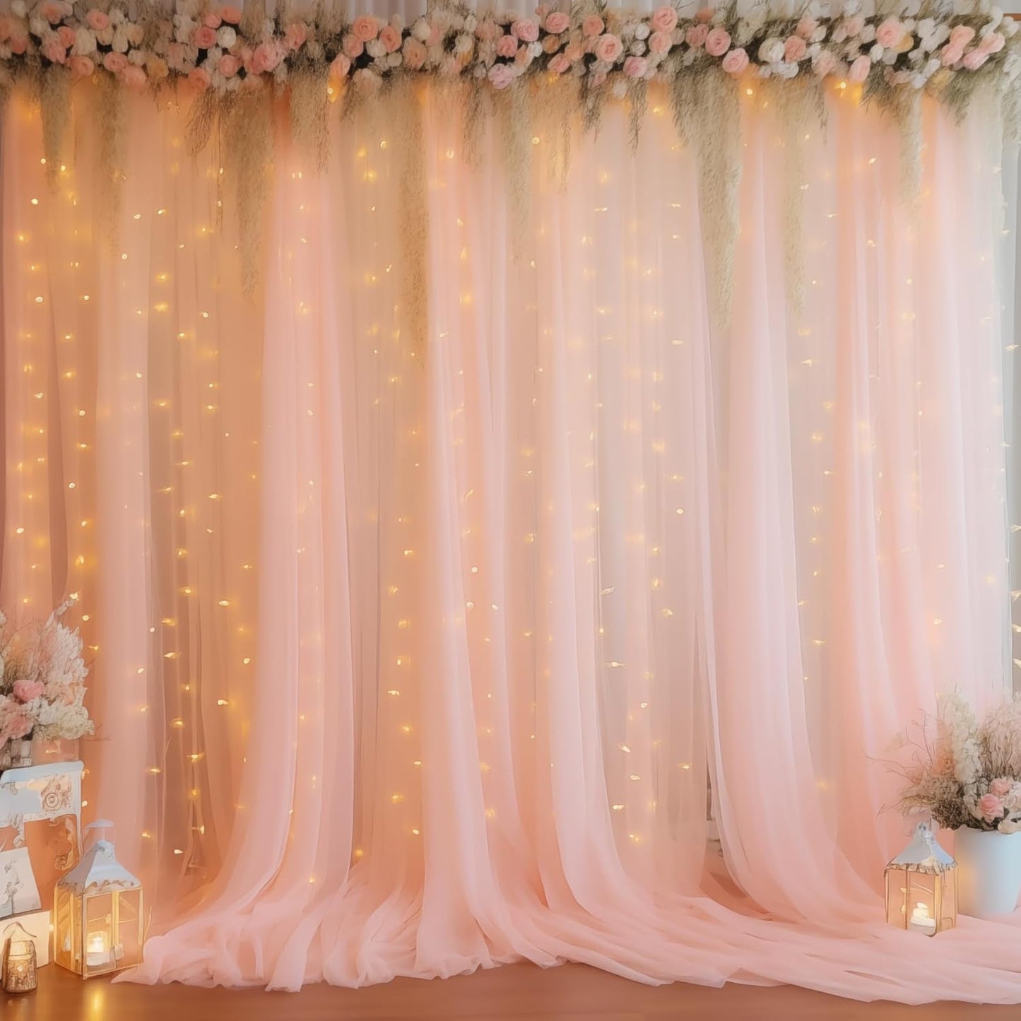 20×10ft Peach Tulle Backdrop Curtain with Lights String for Parties, Sheer Photo Curtain Backdrop Drapes for Wedding Party Photography Decorations