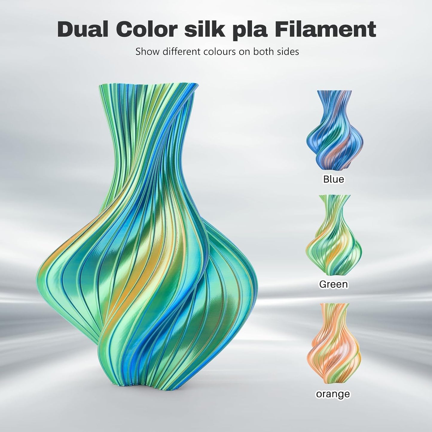 Silk PLA Filament 1.75mm Blue Orange Green Triple Color PLA 3D Printer Filament 3 in 1 Coextrusion 1KG Spool(2.2lbs) 3D Printing Filament Dimensional Accuracy +/- 0.03mm