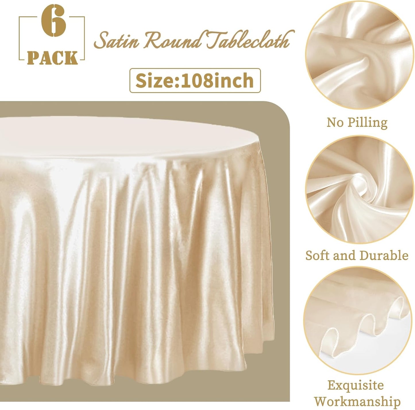 fani 6 Pack 108 Inch Champagne Round Tablecloth - Premium Silky Satin Tablecloth Overlay Smooth Fabric Table Cover Linens, Table Decoration for Wedding Party Banquet Events Restaurant Kitchen Dining