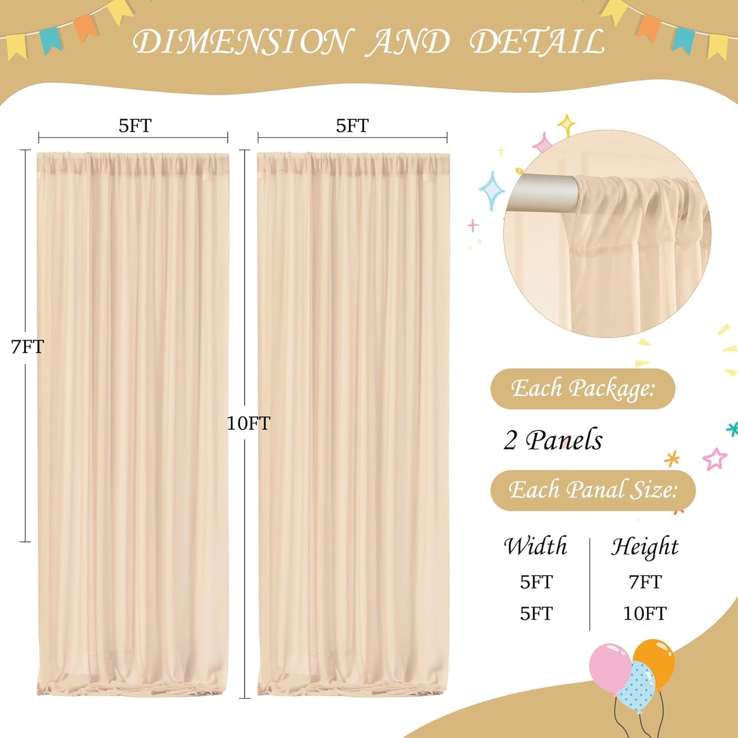 10ft x 7ft Champagne Chiffon Backdrop Curtain with Lights String for Parites Wedding Wrinkle Free Curtain Photo Backdrops Drapes for Baby Shower Birthday Party Home Decorations