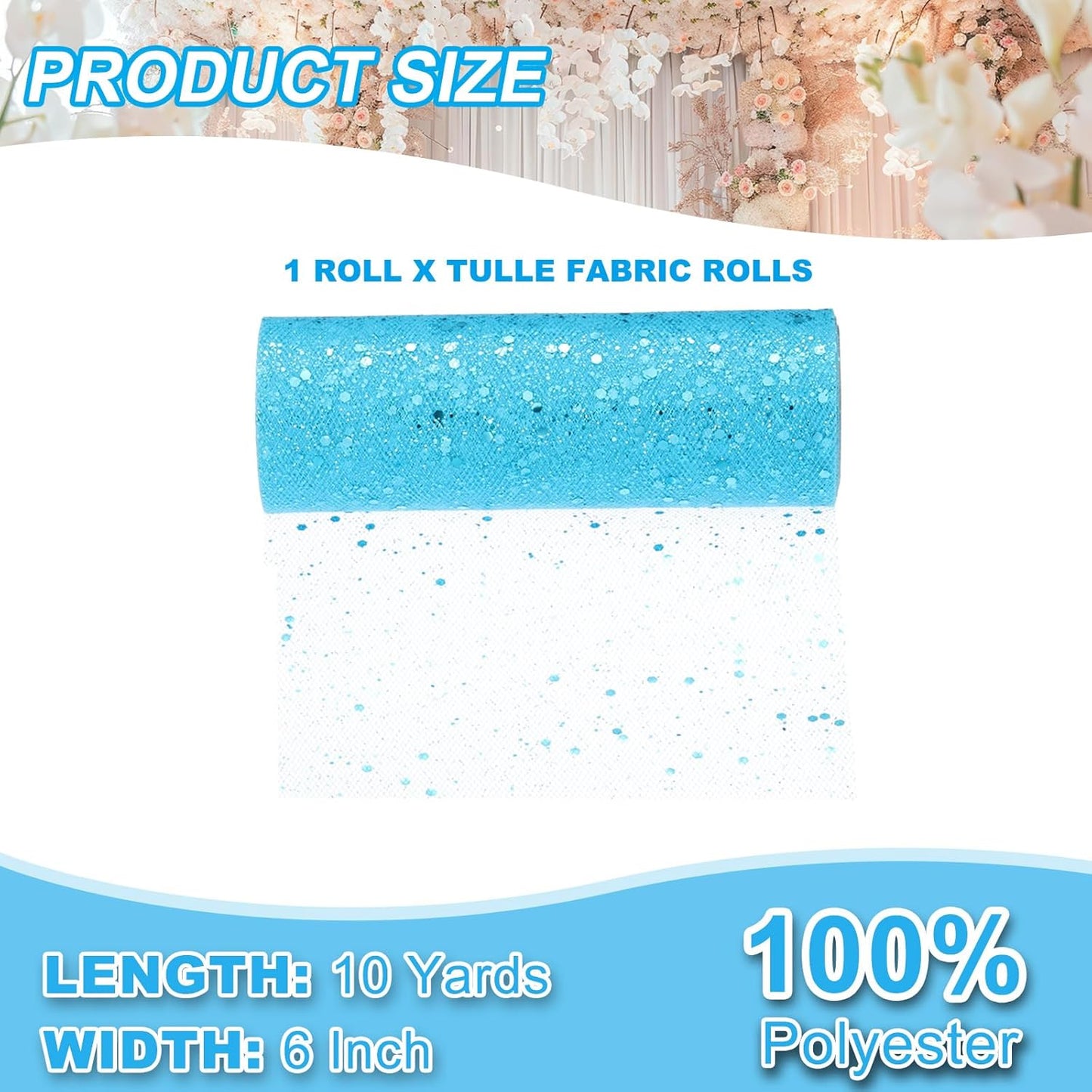 PATIKIL Tulle Fabric Rolls, 6 Inch by 10 Yards Fabric Spool Tulle Sparkling Ribbon Netting Sequin for DIY Tutu Skirts Crafts Wedding Party Decorations, Lake Blue