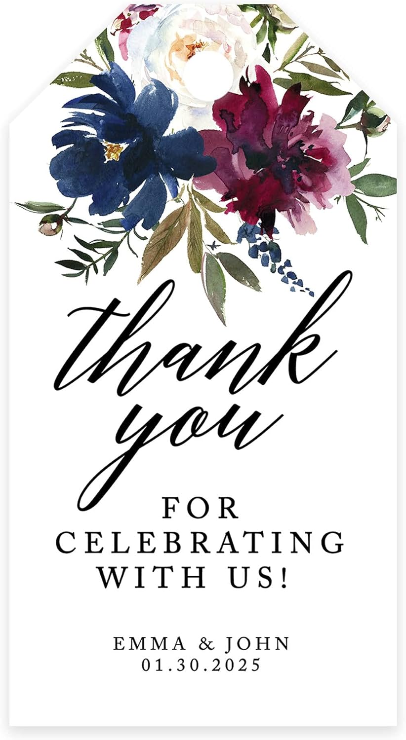Andaz Press 100-Pack Personalized Thank You for Celebrating with Us Wedding Favor Tags with Bakers Twine Navy Blue Burgundy Florals Custom Cardstock Wedding Gift Tags for Party Favors 2 x 3.75-Inches