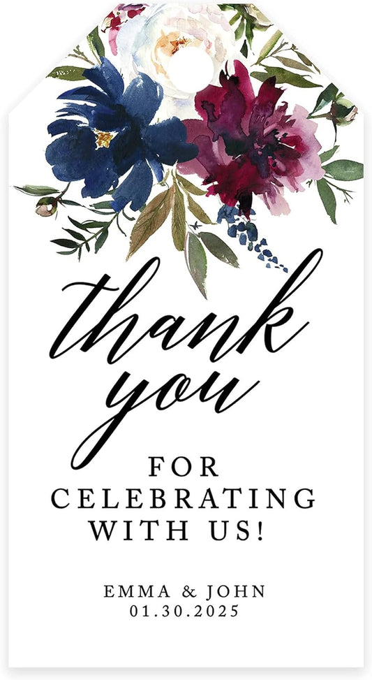 Andaz Press 100-Pack Personalized Thank You for Celebrating with Us Wedding Favor Tags with Bakers Twine Navy Blue Burgundy Florals Custom Cardstock Wedding Gift Tags for Party Favors 2 x 3.75-Inches