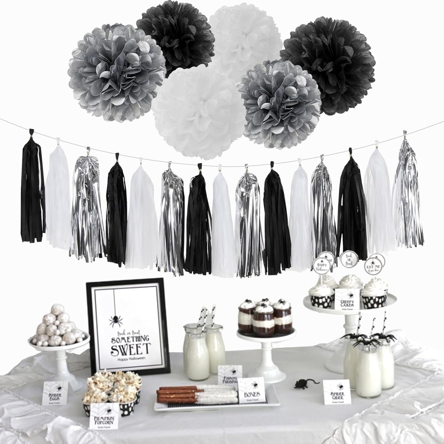 Black White Silver Party-Decorations Streamers - 23pcs Tissue Pom Poms, Graduation Men Boys Birthday Tassel Garland Banner,Wedding Baby Bridal Shower New Years Decor Lasting Surprise