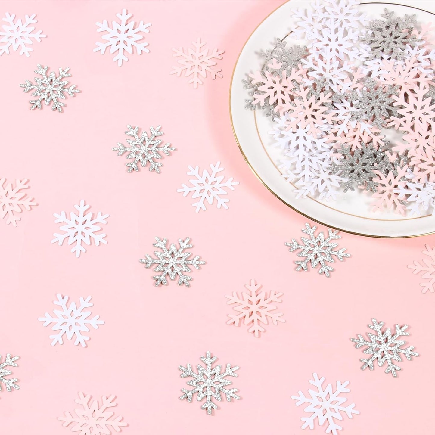 200PC White Pink Silver Snowflake Confetti for Winter Wonderland Decorations Small Snowflakes Table Scatter for Winter Onederland Christmas Birthday Baby Shower Party Table Decor Supplies