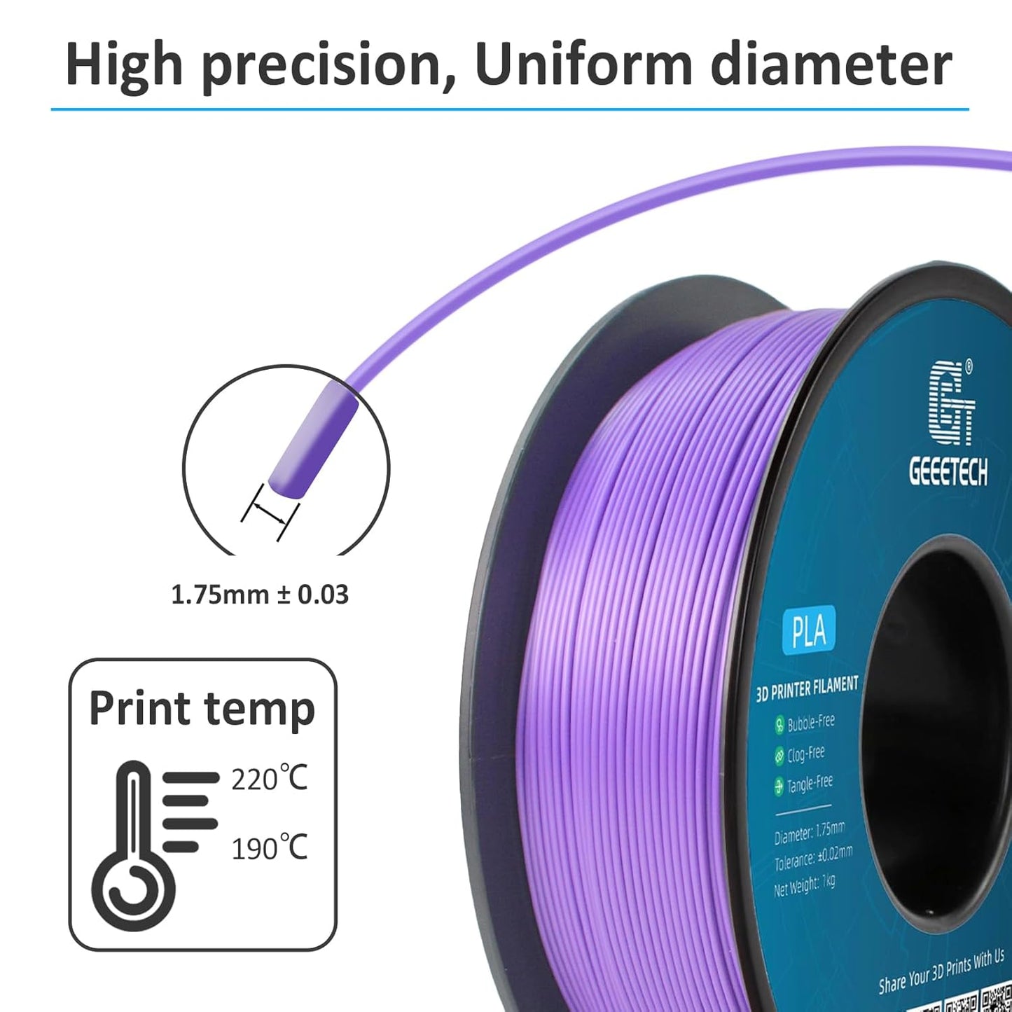 Geeetech Purple PLA 3D Printer Filament, 1kg Spool (2.2lbs), Upgrade Tidy Winding Tangle-Free, 1.75mm Dimensional Accuracy +/- 0.02 mm, 3D Printing Filament Fits for Most FDM 3D Printers