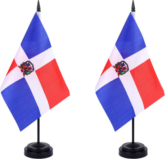WXTWK 2 Pack Dominican Flag Dominican Deluxe Desk Flag Set - Mini Small Dominican Republic Table Office Flags with Black 12" Solid Pole Stand Base Classroom Meeting Desktop Decorations