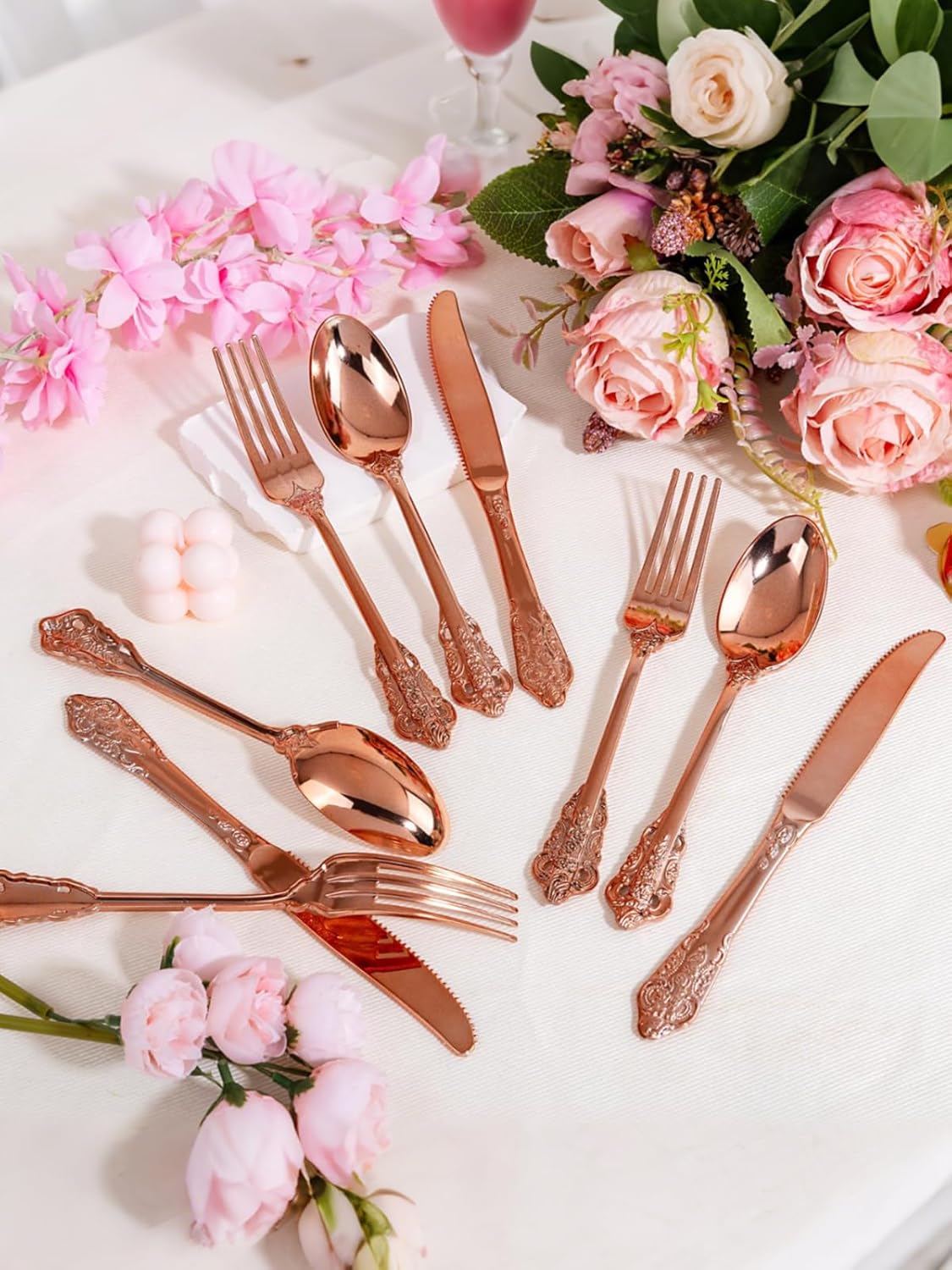 WDF 120Pieces Rose Gold Plastic Silverware - Heavy Duty Rose Gold Plastic Cutlery Set - Disposable Rose Gold Utensils - Rose Gold Flatware Includes 40 Forks, 40 Spoons, 40 Knives for Wedding
