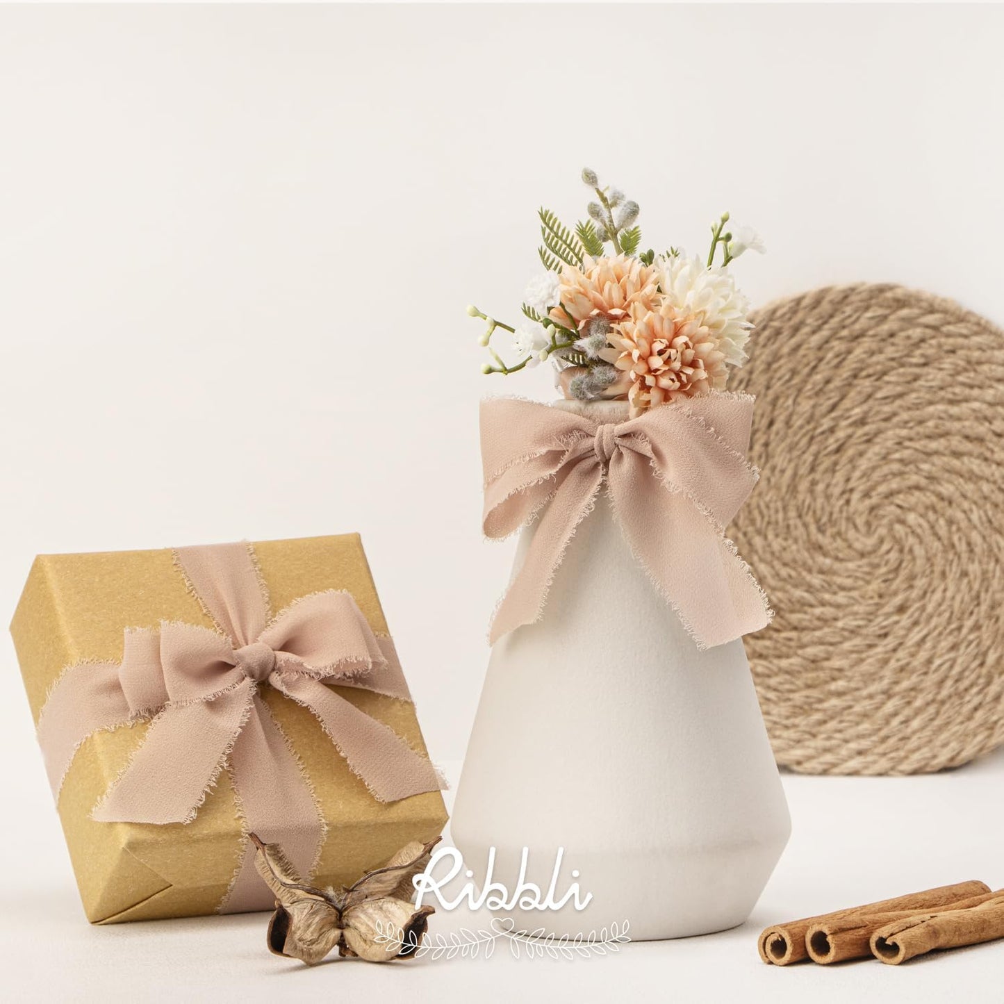 Ribbli Beige Ribbon 1 Inch x 3 Rolls Total 24 Yards Natural Handmade Fringe Chiffon Silk Ribbon for Wrapping Wedding Invitations Bridal Bouquets DIY Crafts Home Decor