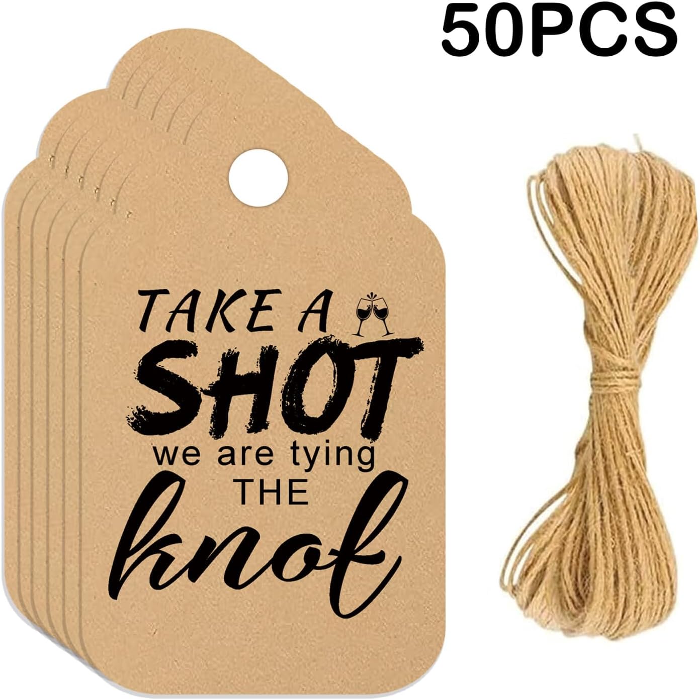 Take a Shot We are Tying (Or Tied) The Knot Tags with Hanging Hole Rectangle Kraft Paper Card Decorative Knot Tags for Engagement Party Wedding Decor, Bridal Party Gifts (Flower Border Kraft)
