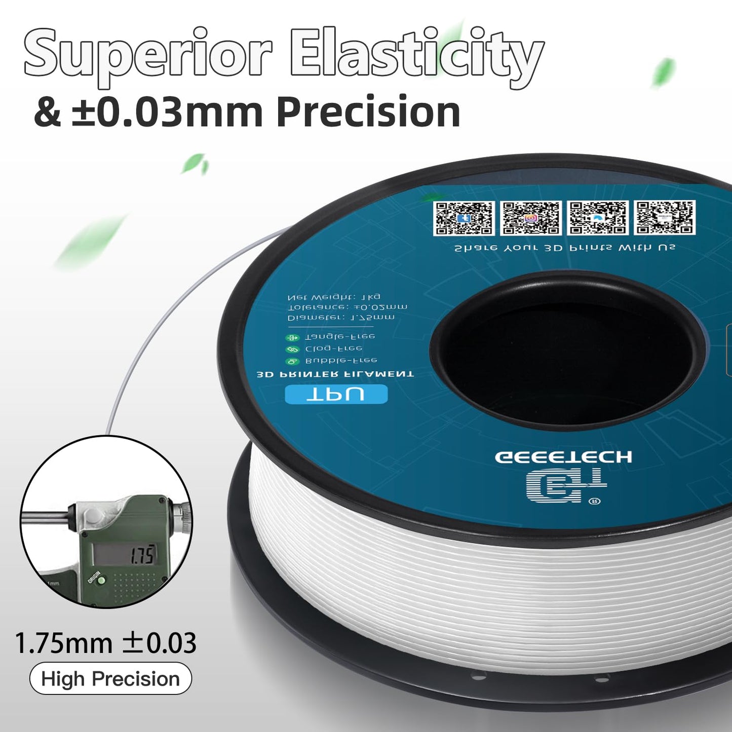 Geeetech TPU Filament 1.75mm, Shore 95A – Flexible 3D Printer Filament with High Elasticity, 1KG (2.2lbs) Spool, Dimensional Accuracy ±0.03mm, Fits Most FDM Printers (White)