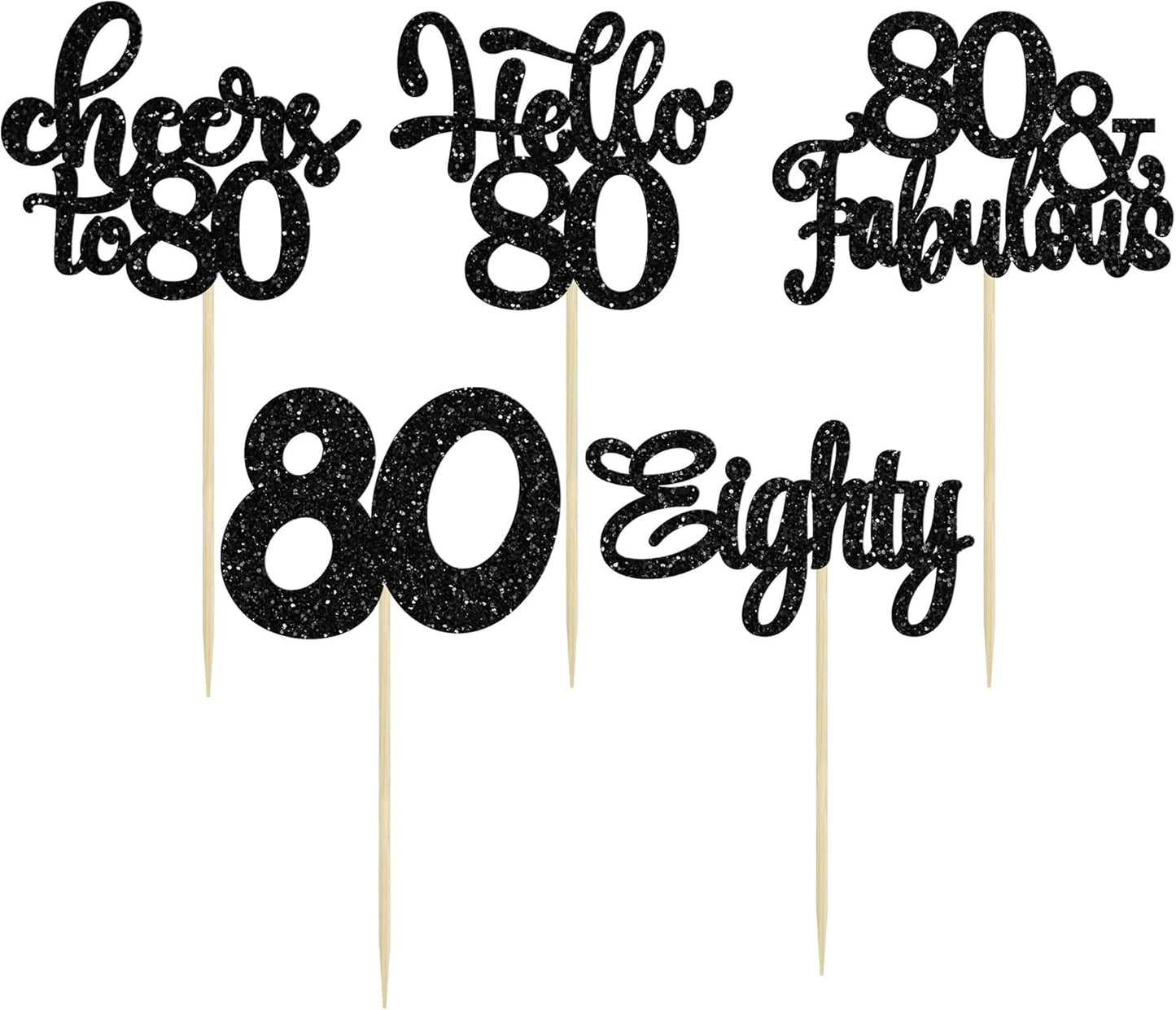 30pcs Happy 80th Birthday Cupcake Toppers - Eighty Cheers to 80 Years Old - Black Glitter