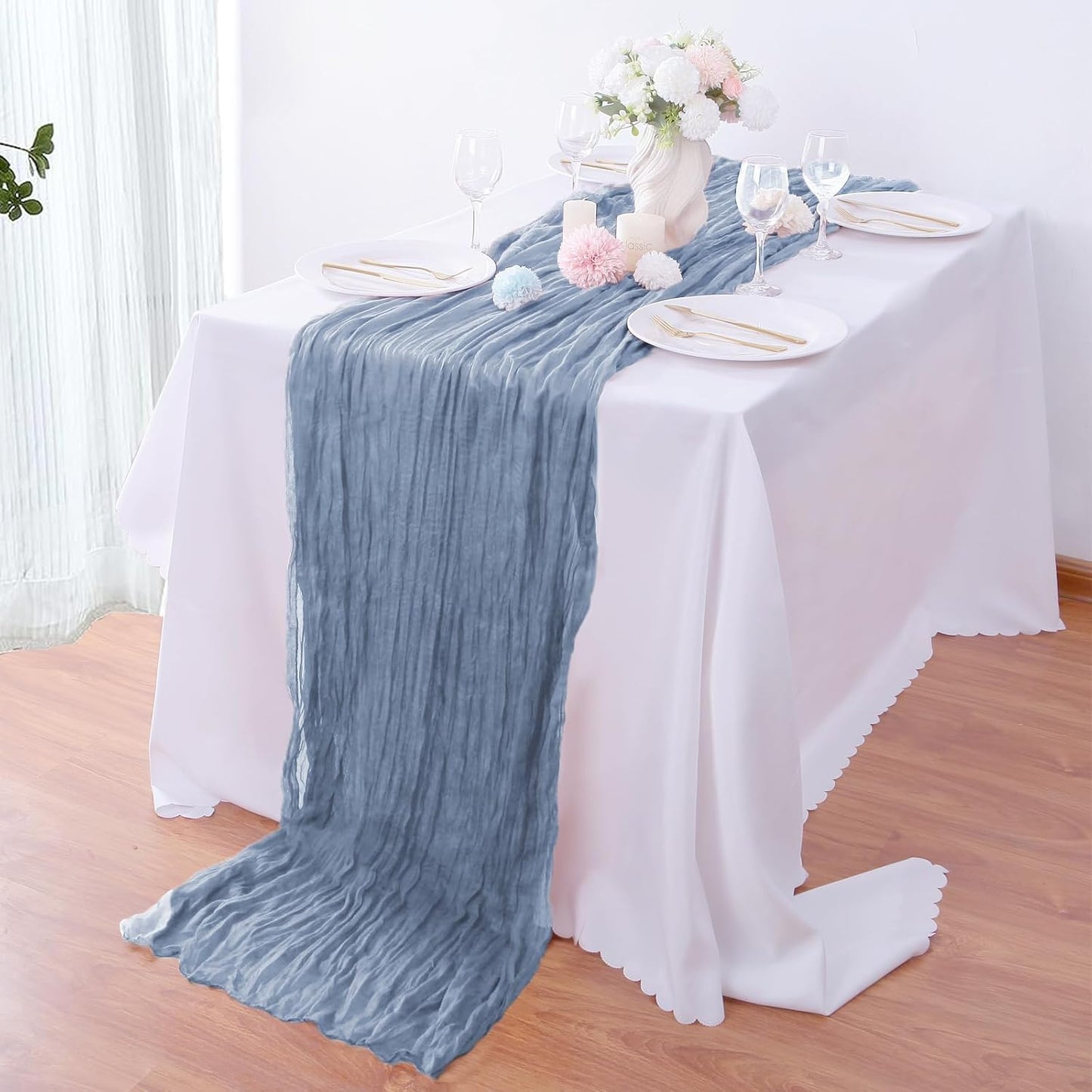 16PCS Dusty Blue Cheesecloth Table Runner 10FT Table Runner Cheesecloth 35x120Inch Boho Gauze Cheese Cloth Table Runner Long Rustic Sheer Table Runners for Wedding Party Baby Bridal Shower Table Decor
