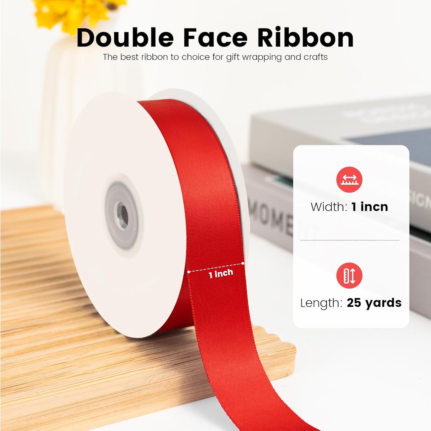 1 inch x 25 Yards Double Faced Red Satin Ribbon, Polyester Ribbon for Christmas Gift Wrapping, Weddings Party, Hair Bow, Invitation Decorations and More